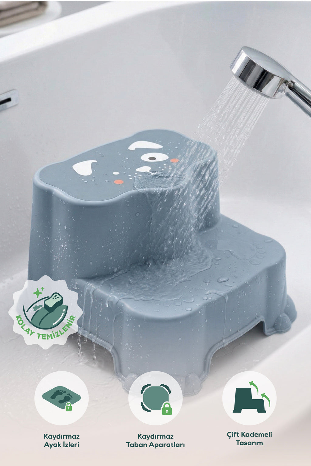 Kaydırmaz Çocuk Basamağı - Çift Katlı Banyo Merdiven Yükseltici Bebek Basamağı -Mavi