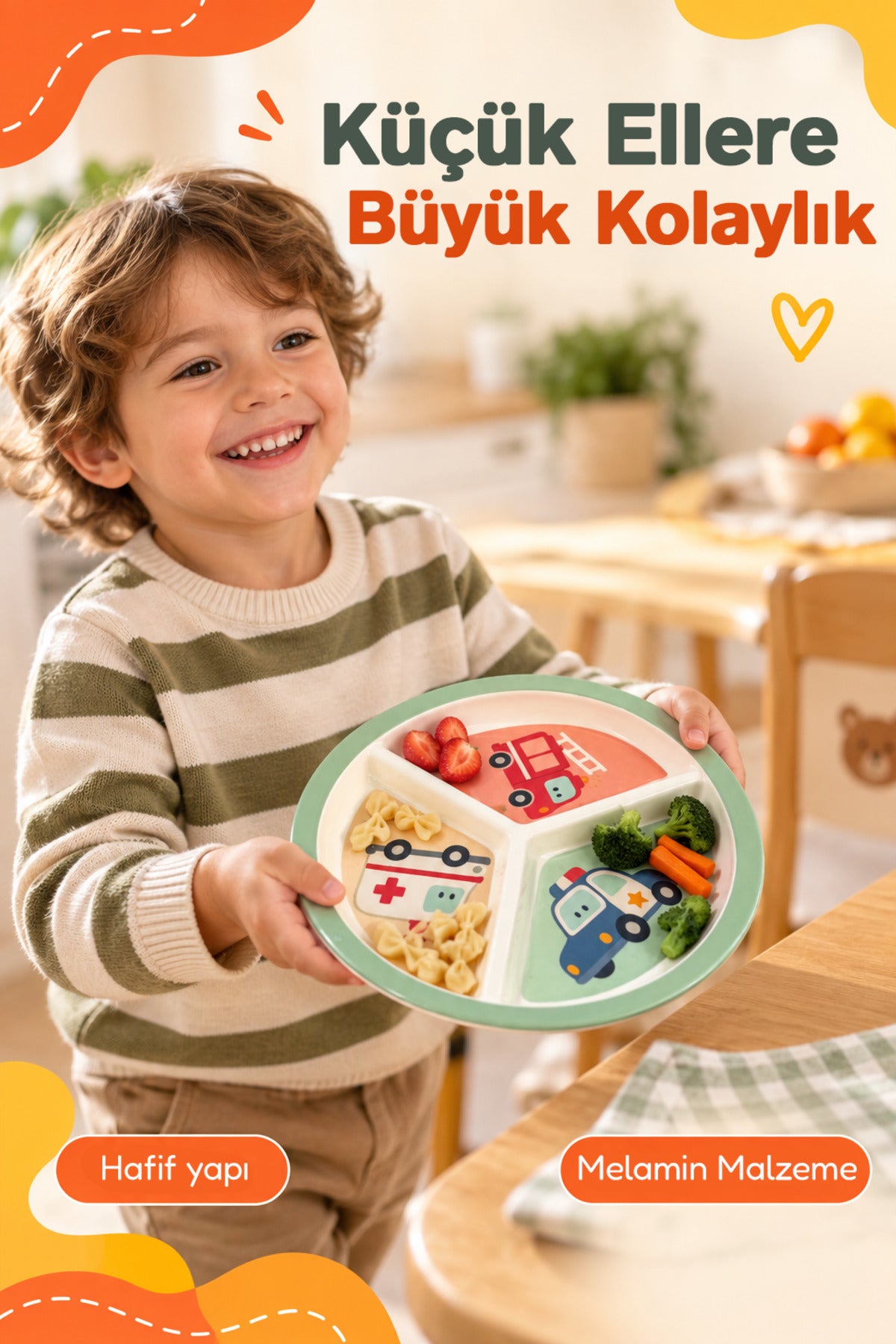3 Bölmeli Melamin Çocuk Tabağı-Mama Tabağı-Ekstra Dayanıklı BPA Free Beslenme Tabağı- Araba