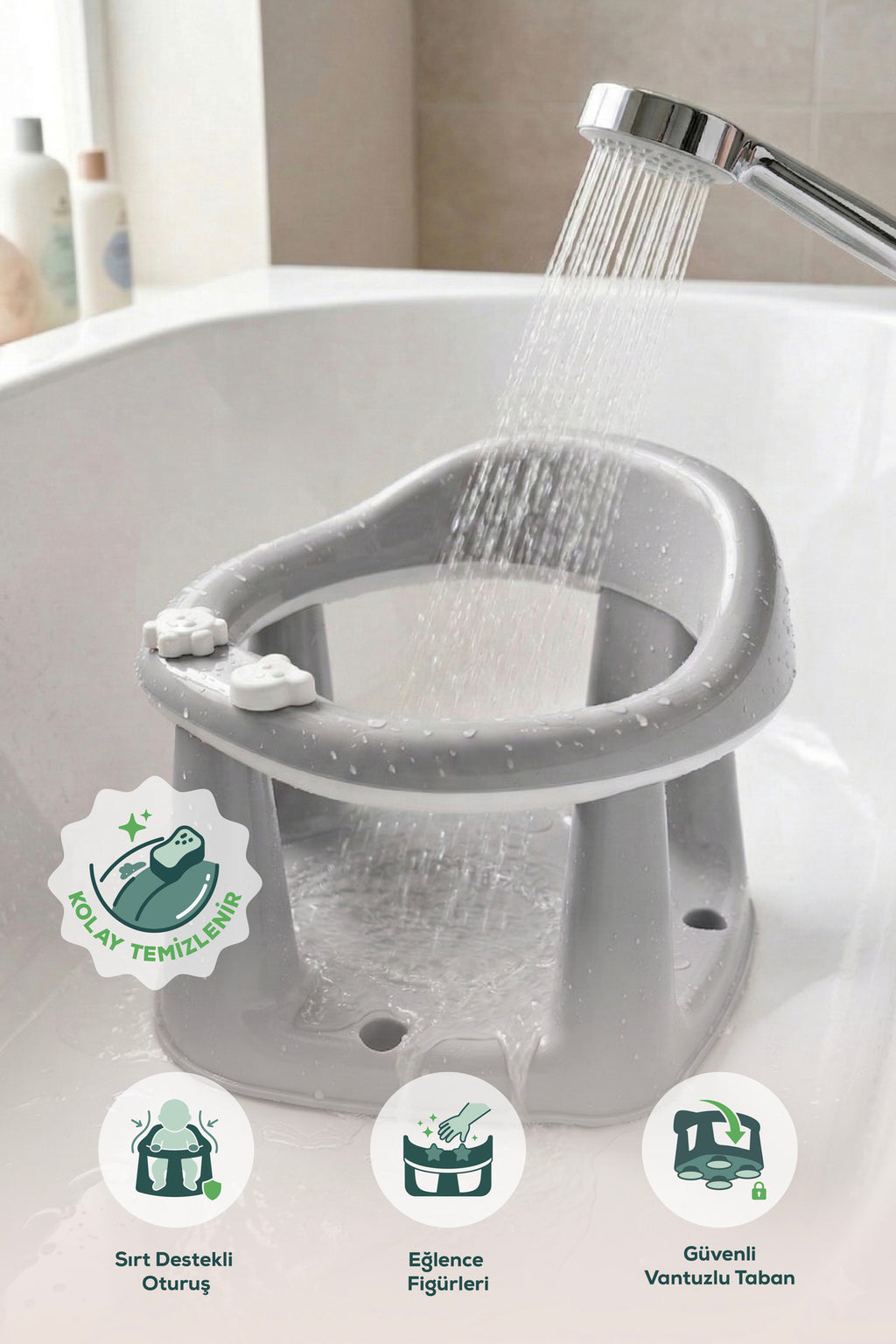Bebek Banyo Oturağı - Mama Oturağı Vakum Tabanlı Bebek Oturağı Gri