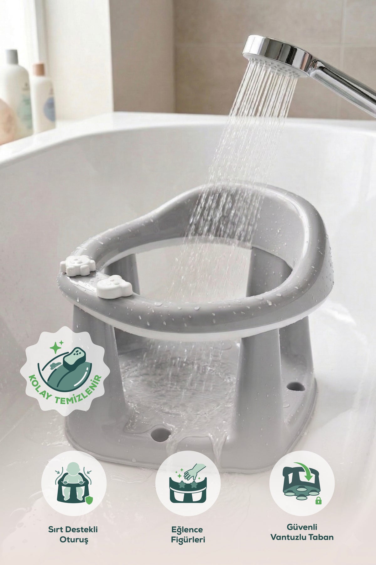 Bebek Banyo Oturağı - Mama Oturağı Vakum Tabanlı Bebek Oturağı Gri