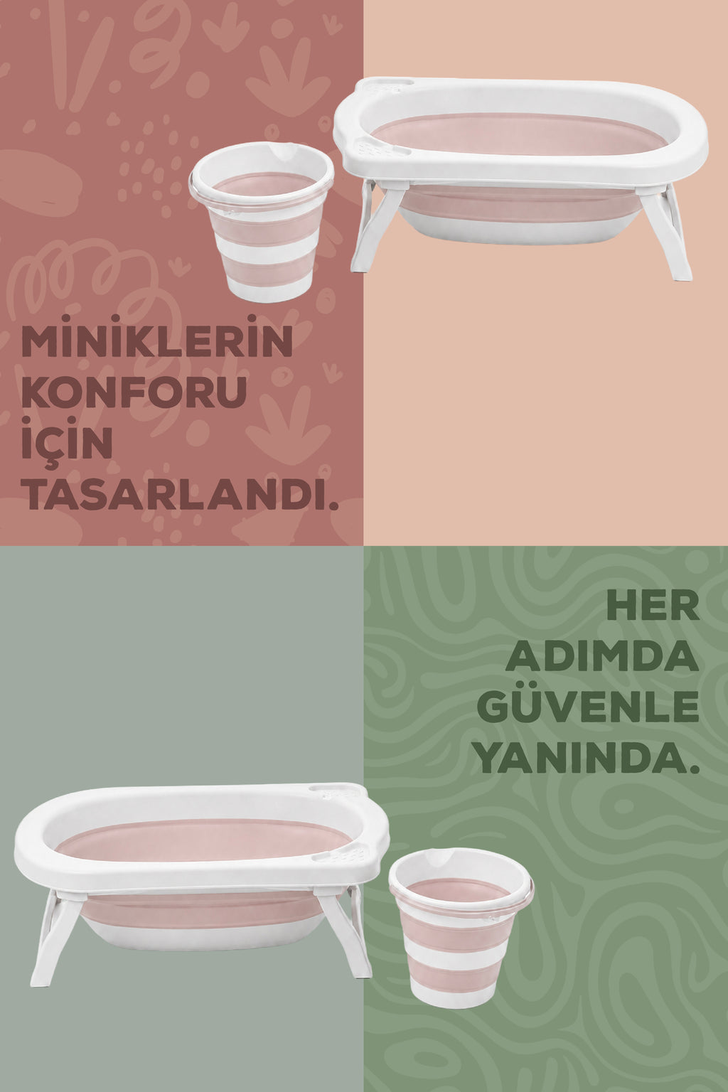 2'li Katlanır Bebek Banyo Seti - Katlanır Bebek Küveti, ,Kova Seti-Pembe