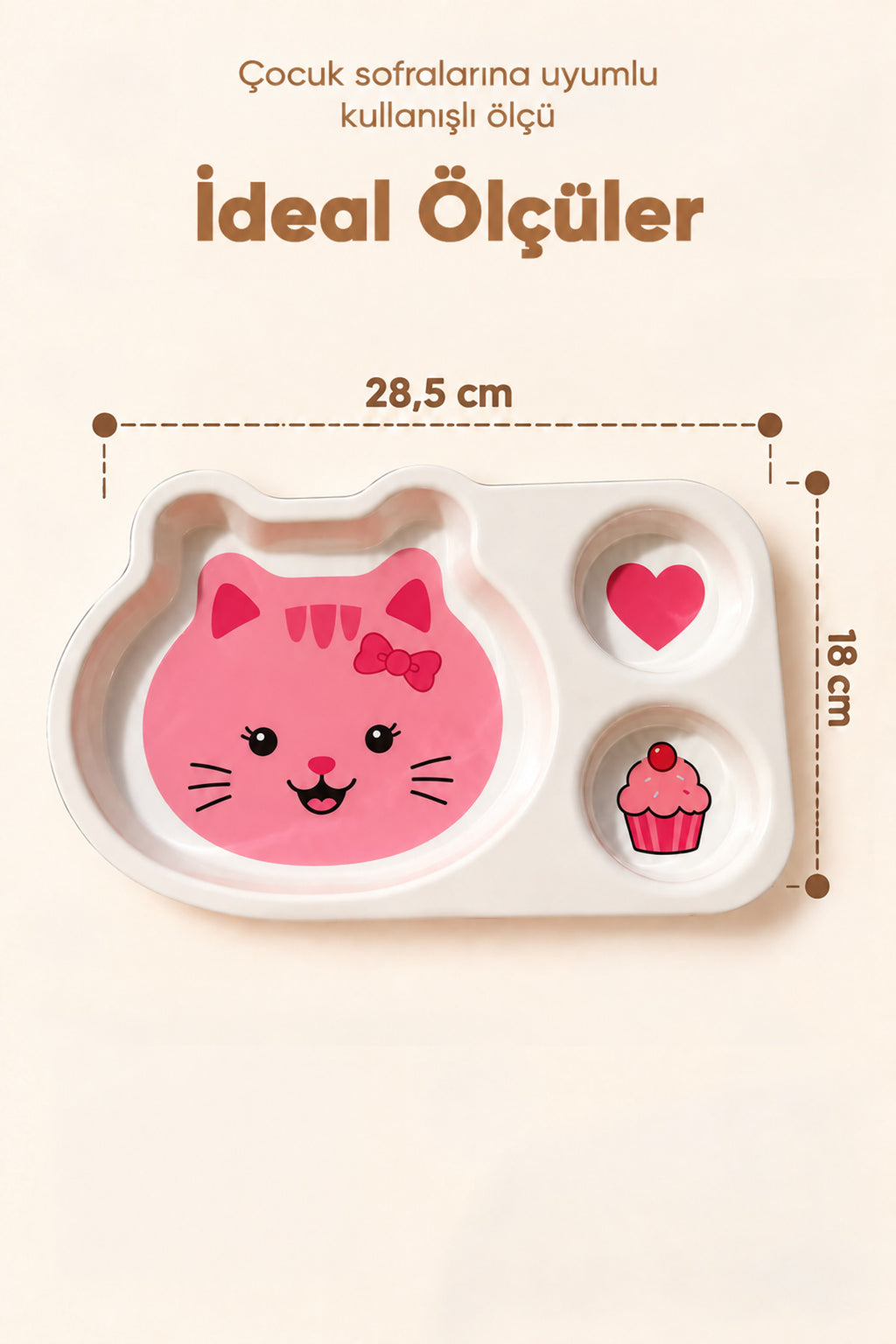 3 Bölmeli Hayvan Desenli Melamin Çocuk Tabağı-Ekstra Dayanıklı BPA Free Beslenme Tabağı- Pembe Kedi