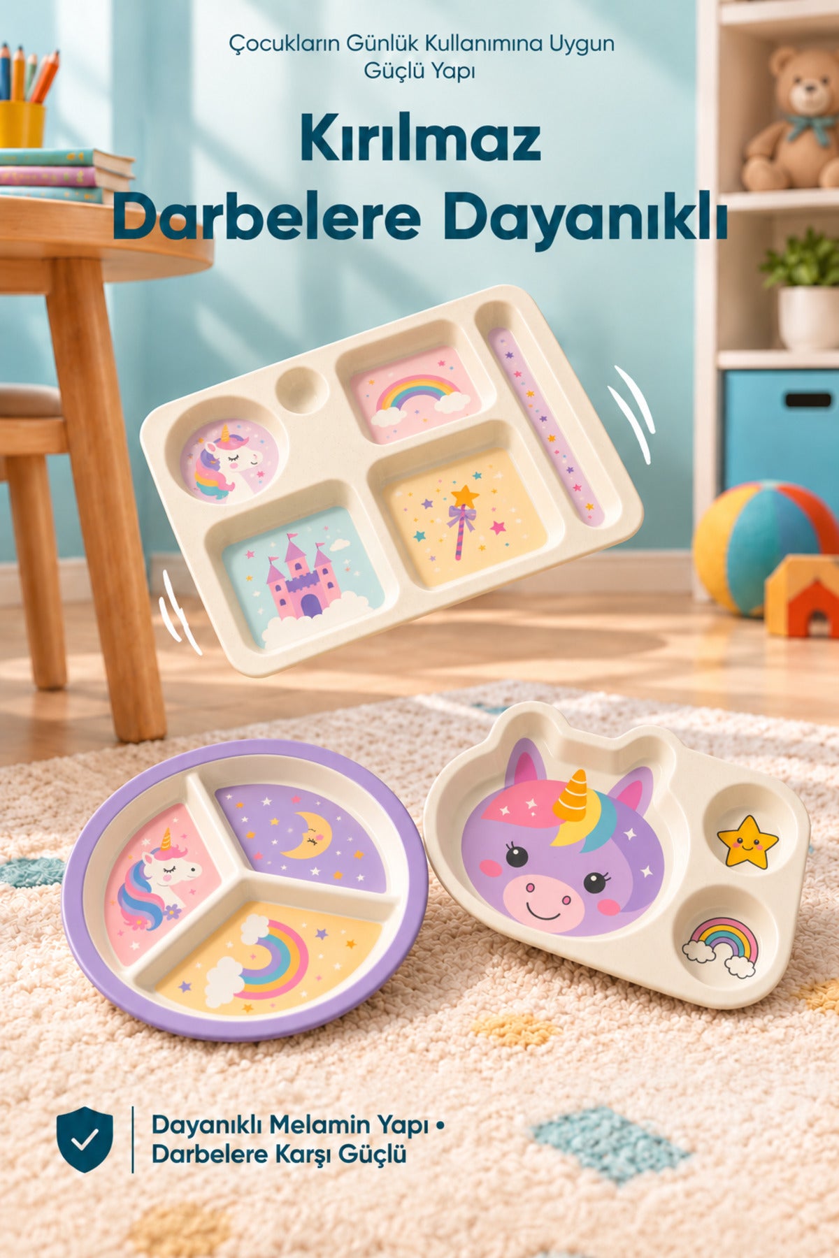 3'lü Melamin Çocuk Tabağı - Ekstra Dayanıklı BPA Free Beslenme Seti- Kırılmaz Çocuk Beslenme Tabağı - BSH-155