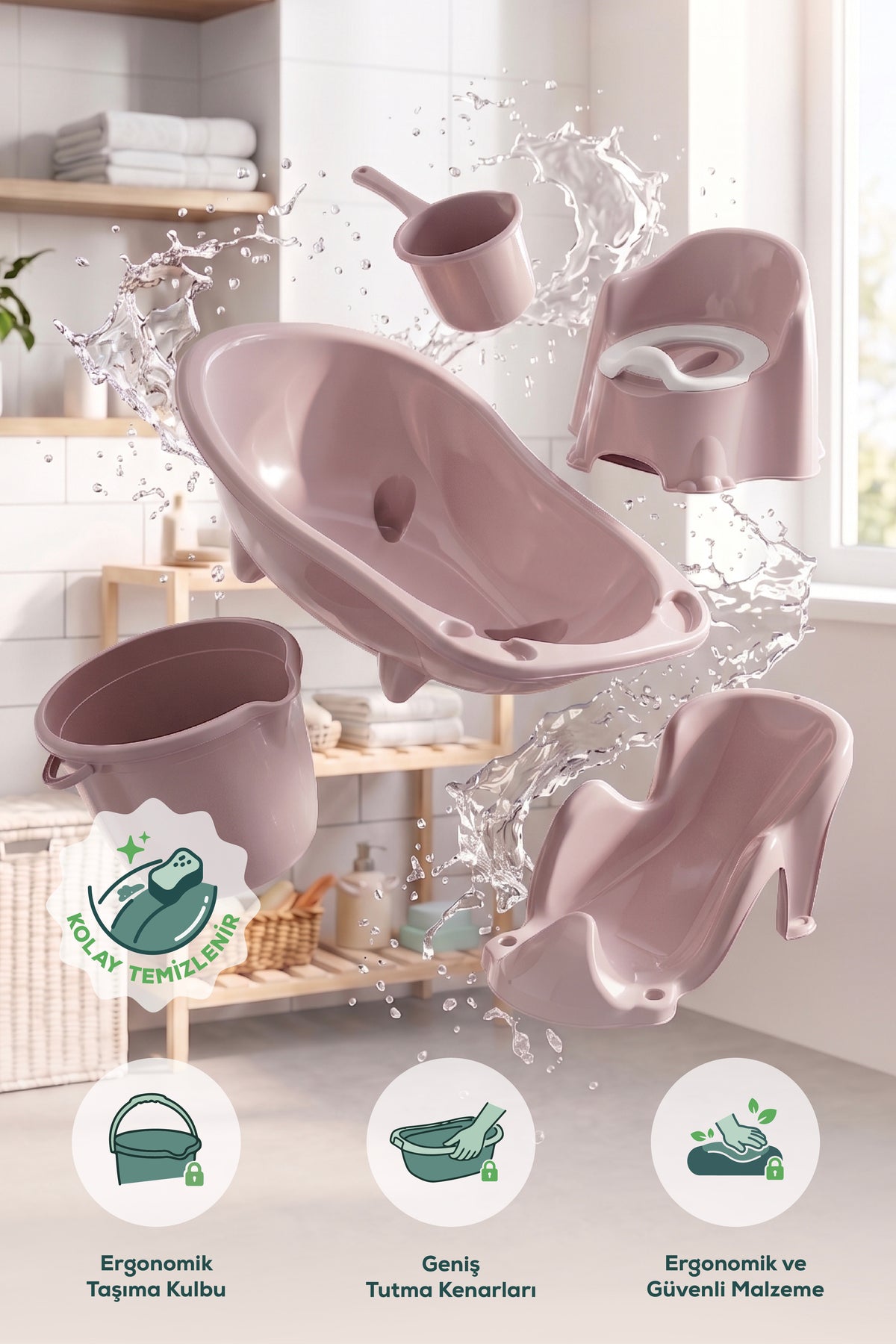 5'li Fileli Set Yenidoğan Küvet Seti Pembe