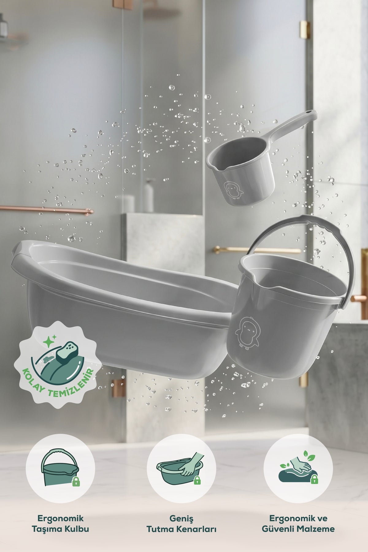 3’lü Bebek Banyo Yıkama Seti - Bebek Yıkama Küveti - Bebek Banyo Su Kovası - Maşrapa - Gri