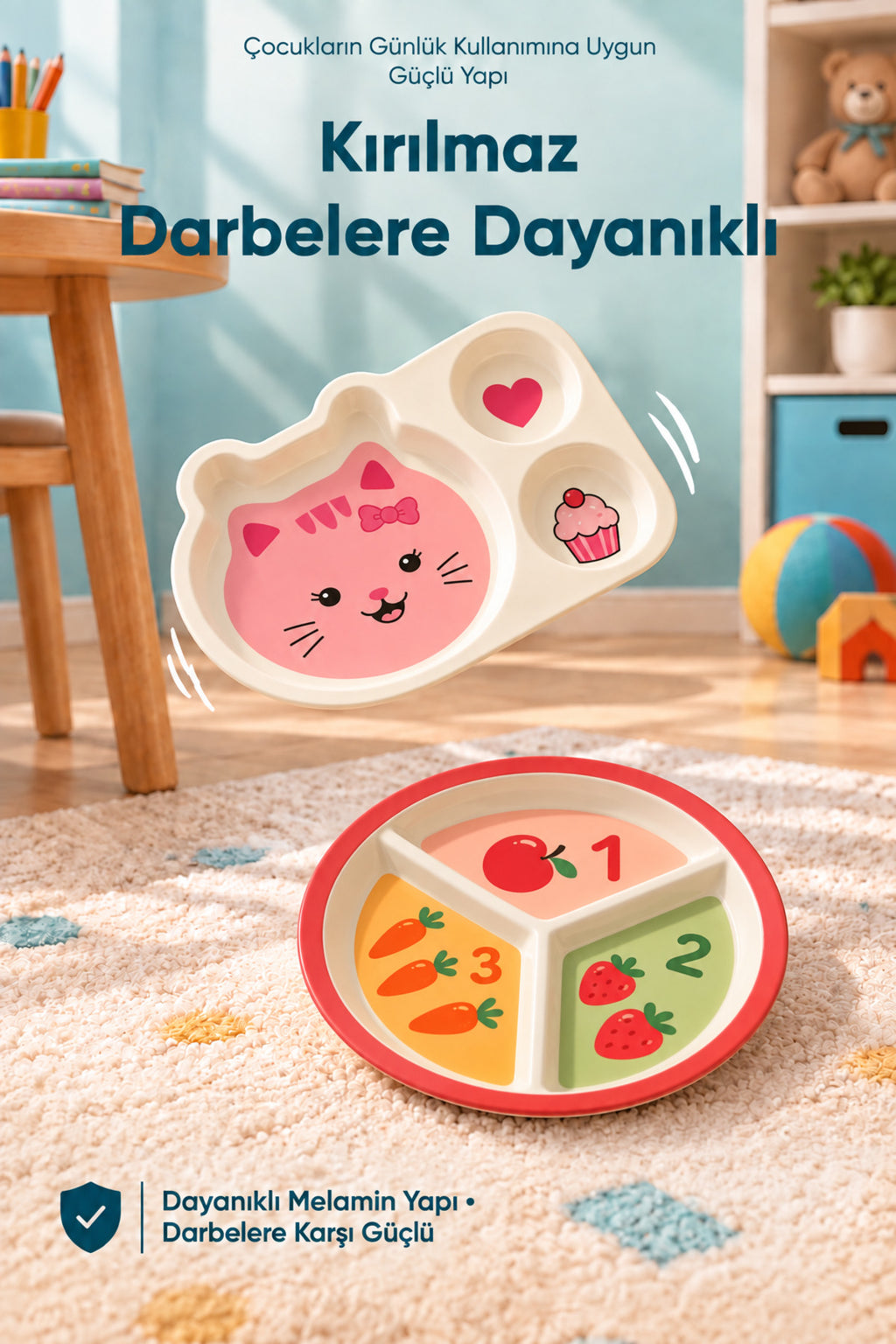 2'li Melamin Çocuk Tabağı - Ekstra Dayanıklı BPA Free Beslenme Seti- Kırılmaz Çocuk Beslenme Tabağı - BSH-164