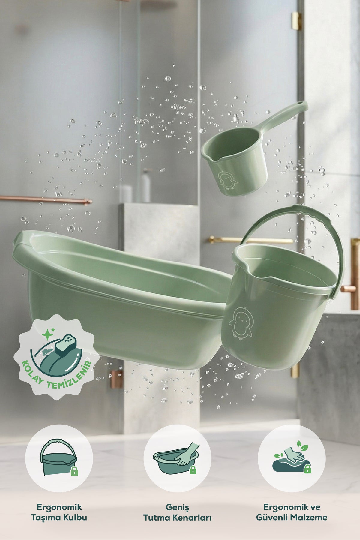 3’lü Bebek Banyo Yıkama Seti - Bebek Yıkama Küveti -Bebek Banyo Su Kovası - Maşrapa - Yeşil