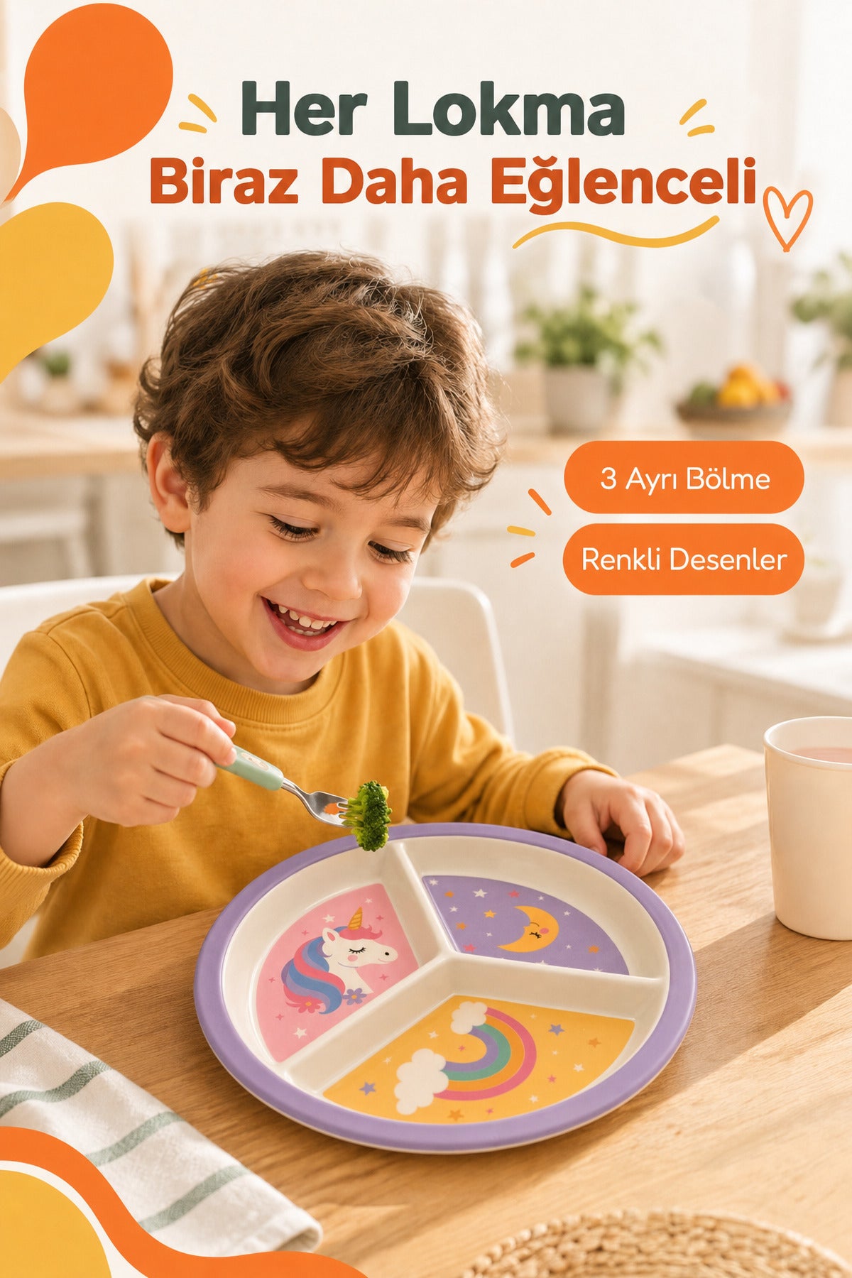 3 Bölmeli Melamin Çocuk Tabağı-Mama Tabağı-Ekstra Dayanıklı BPA Free Beslenme Tabağı- Unicorn