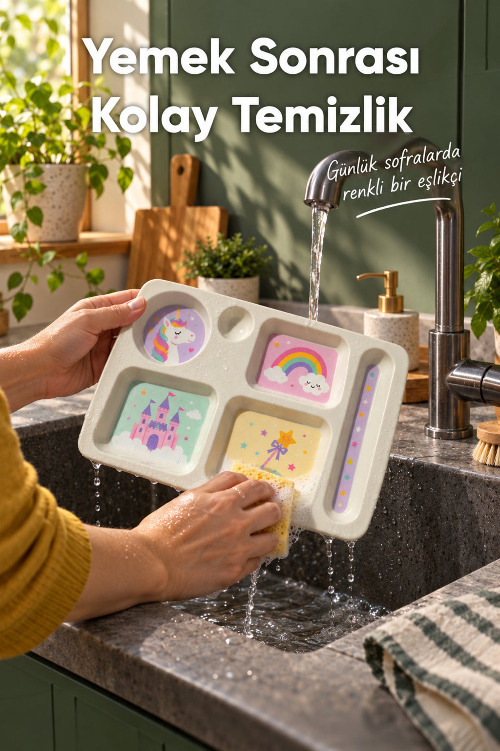 6 Bölmeli Melamin Çocuk Tabağı-Mama Tabağı-Ekstra Dayanıklı BPA Free Beslenme Tabağı- Unicorn
