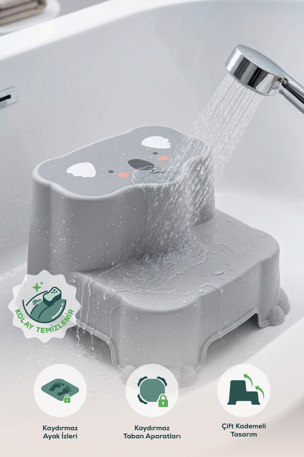 Kaydırmaz Çocuk Basamağı - Çift Katlı Banyo Merdiven Yükseltici Bebek Basamağı -Gri