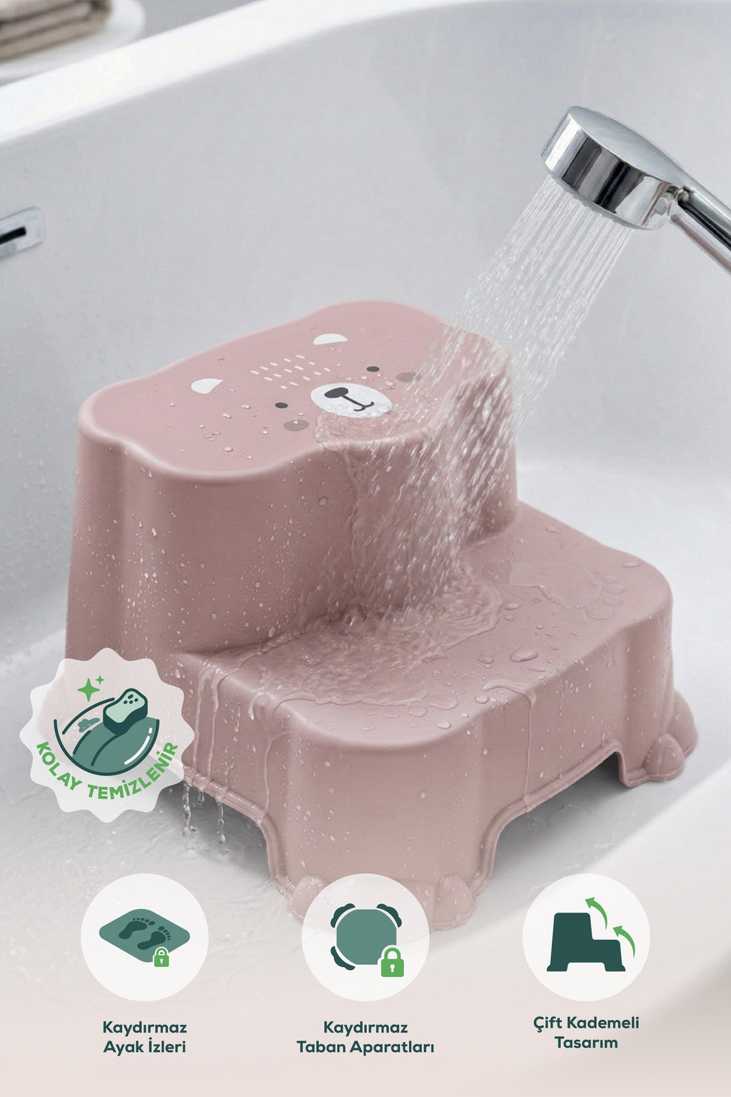 Kaydırmaz Çocuk Basamağı - Çift Katlı Banyo Merdiven Yükseltici Bebek Basamağı -Pembe