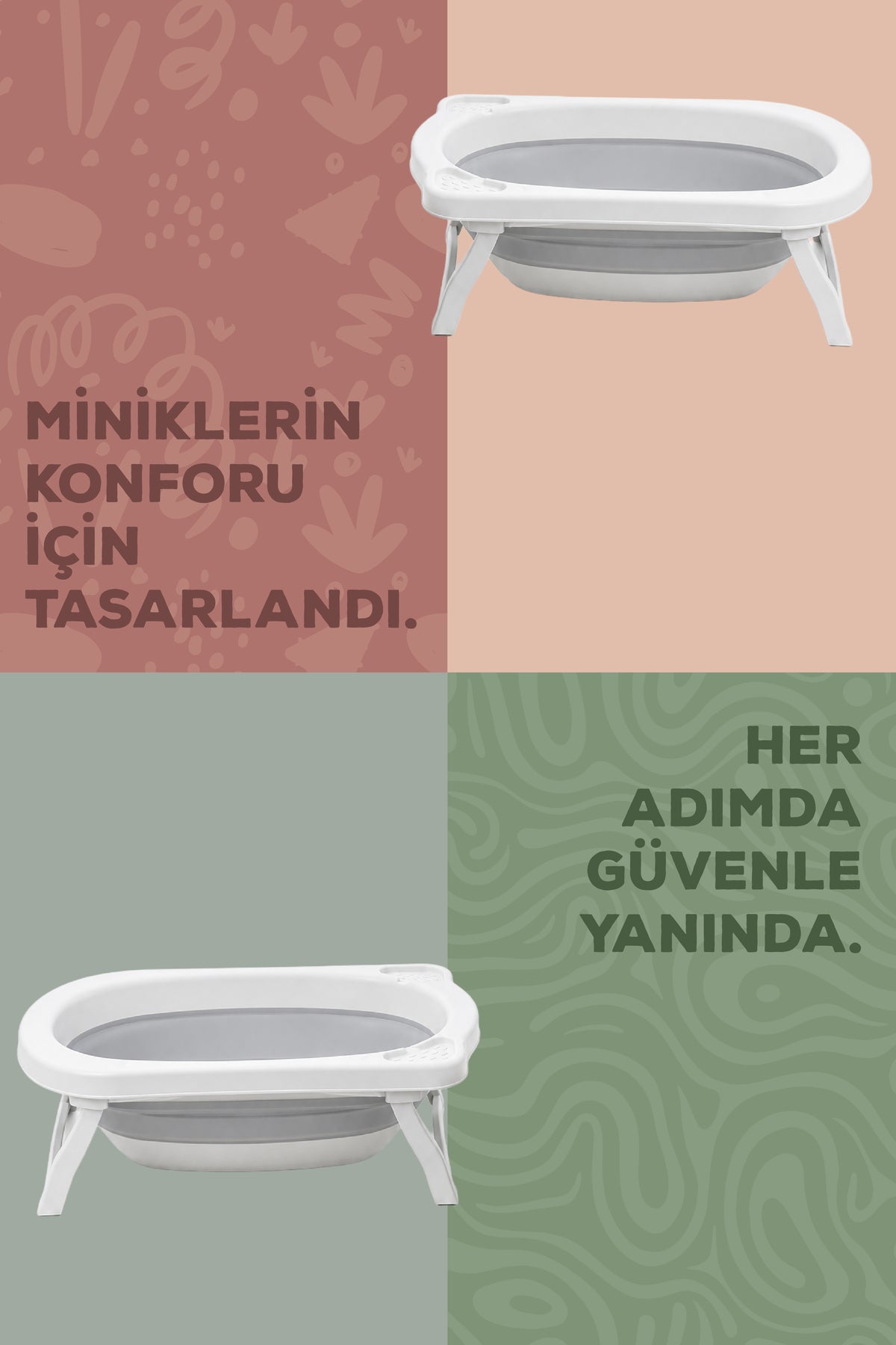 Katlanır Bebek Küveti-Katlanır Küvet, Portatif Bebek Küveti,2 Sünger Hediyeli -Gri