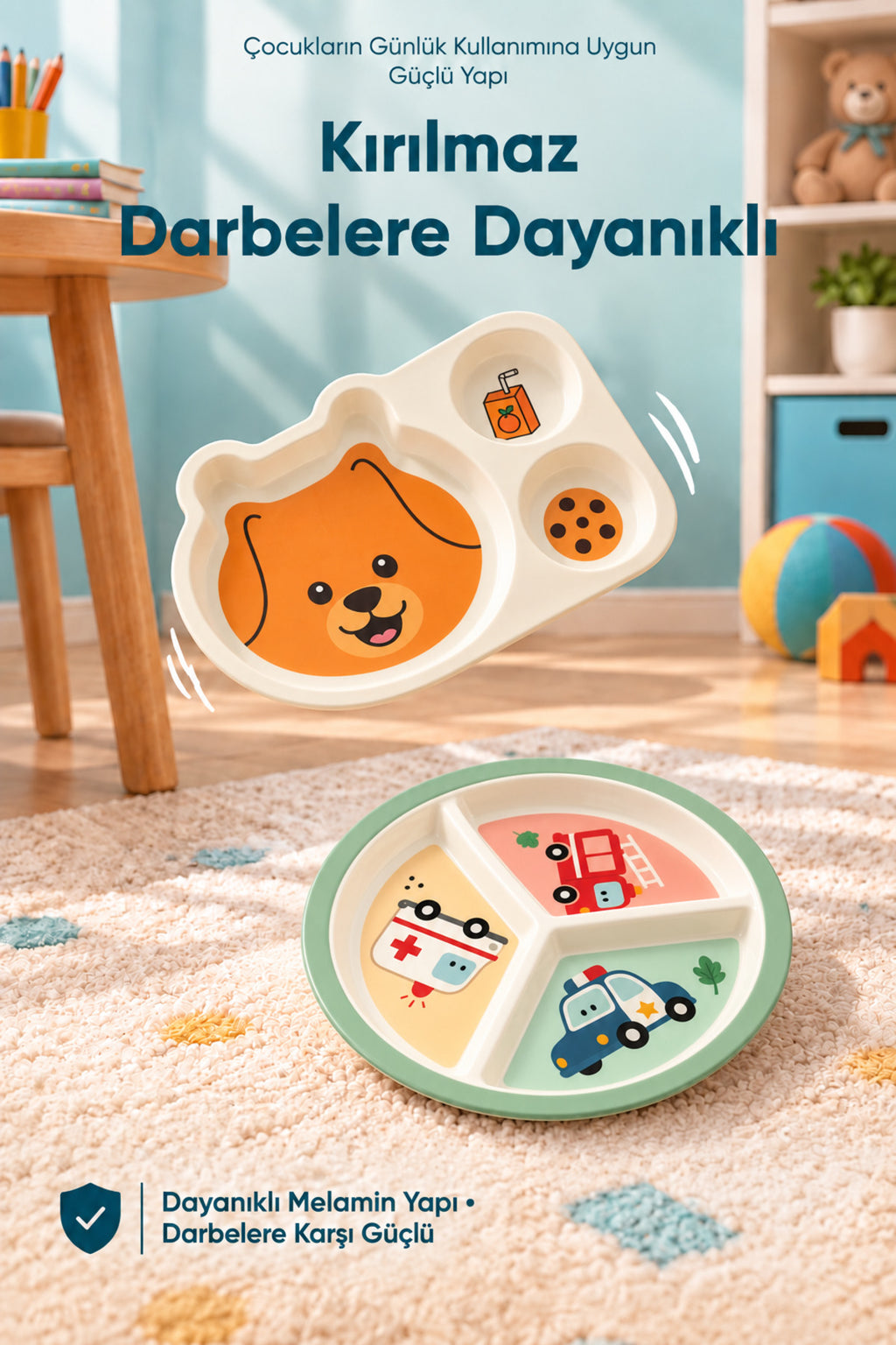 2'li Melamin Çocuk Tabağı - Ekstra Dayanıklı BPA Free Beslenme Seti- Kırılmaz Çocuk Beslenme Tabağı - BSH-163