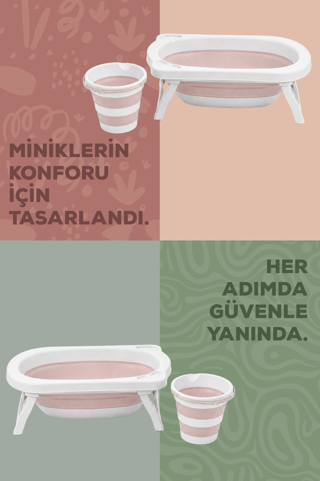 2'li Katlanır Bebek Banyo Seti - Katlanır Bebek Küveti,Kova Seti -2 Sünger Hediyeli-Pembe