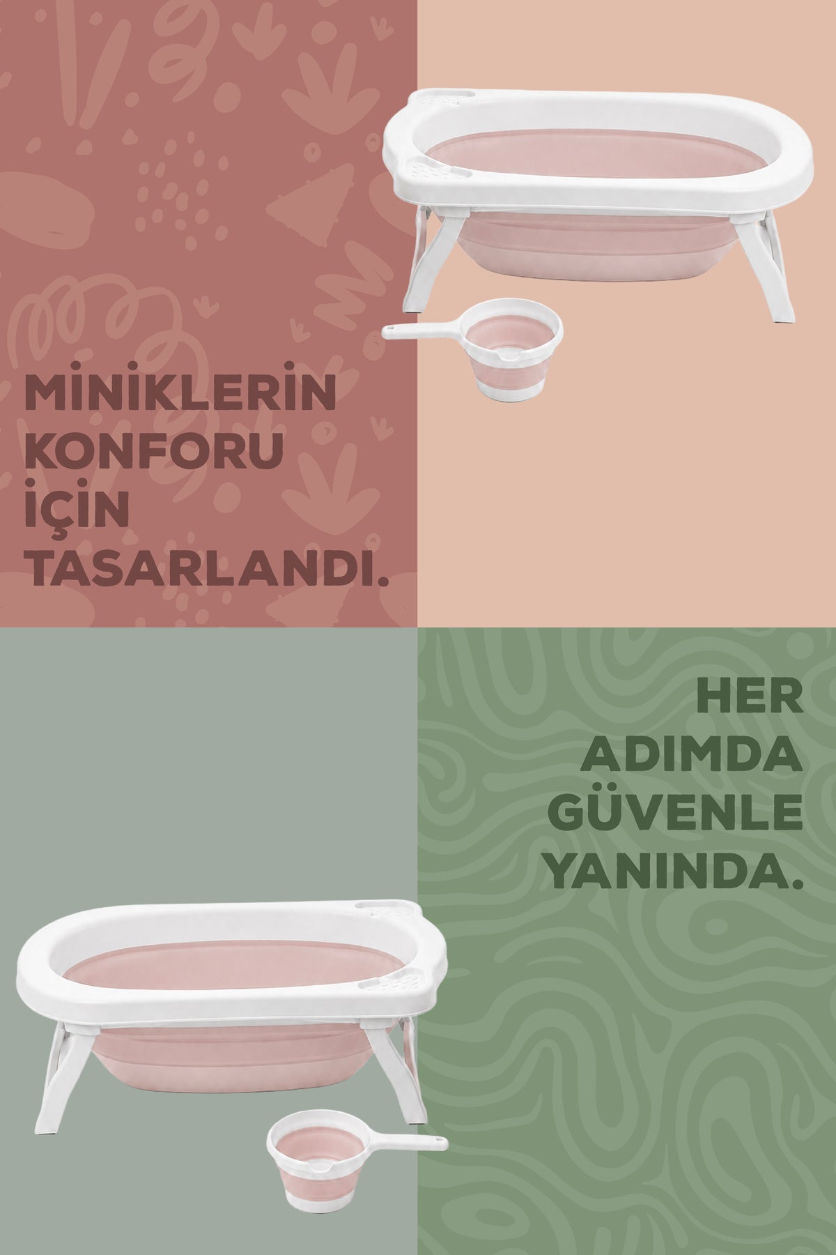2'li Katlanır Bebek Banyo Seti - Katlanır Bebek Küveti, Maşrapa Seti,-2 Sünger Hediyeli-Pembe