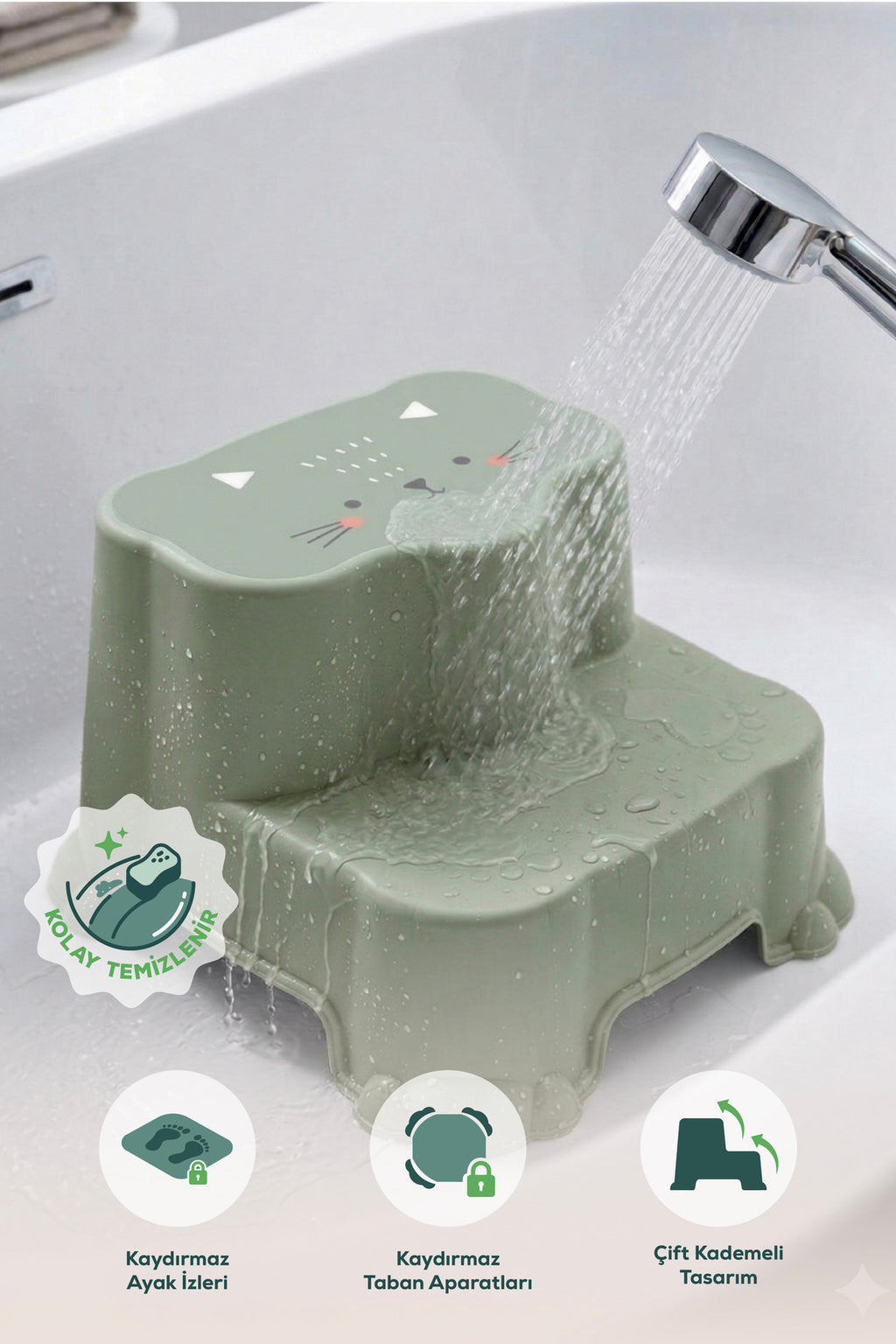 Kaydırmaz Çocuk Basamağı - Çift Katlı Banyo Merdiven Yükseltici Bebek Basamağı -Yeşil
