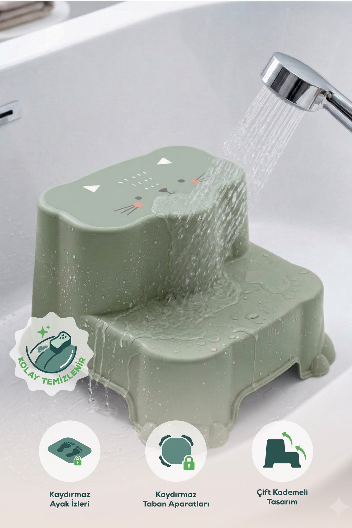 Kaydırmaz Çocuk Basamağı - Çift Katlı Banyo Merdiven Yükseltici Bebek Basamağı -Yeşil
