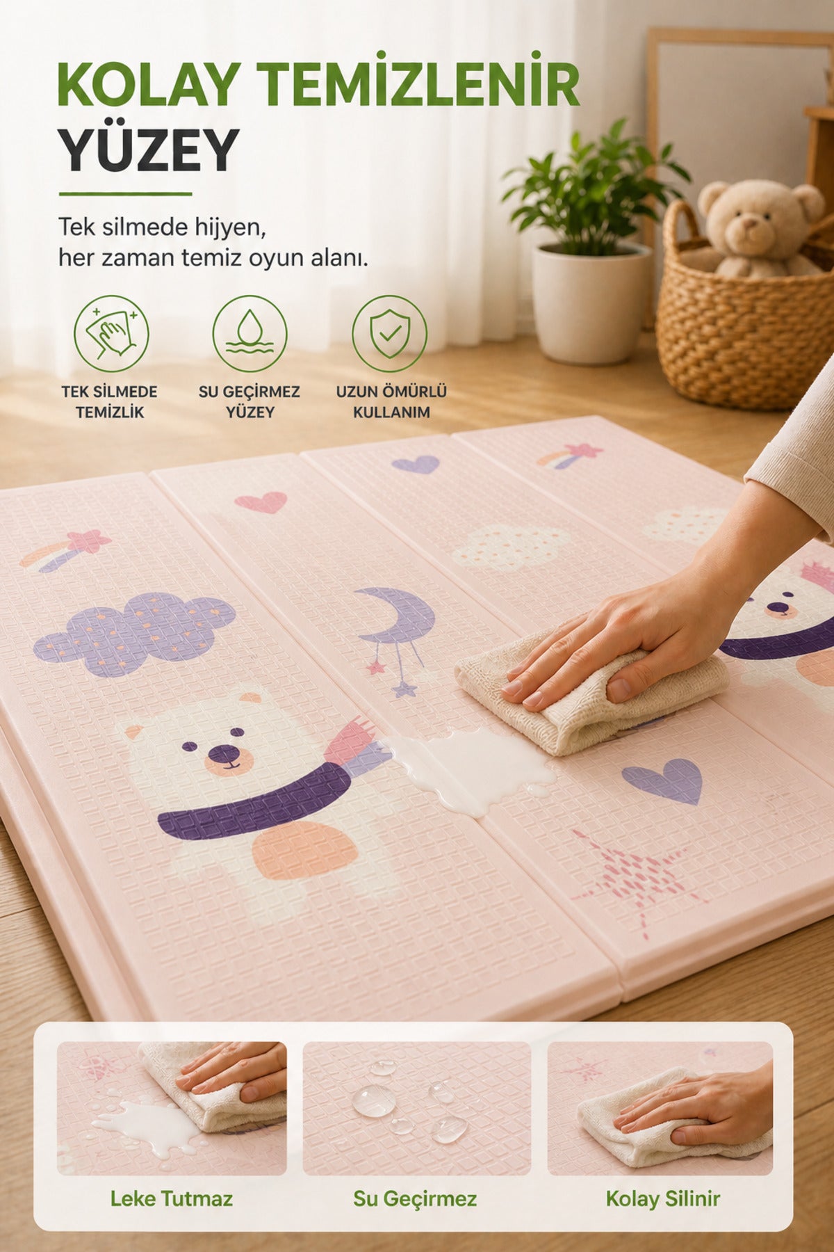 Katlanabilir Oyun Halısı ,Oyun Matı - Tek Taraflı Katlanır Mat, Oyun Matı 200x130 cm-Pembe