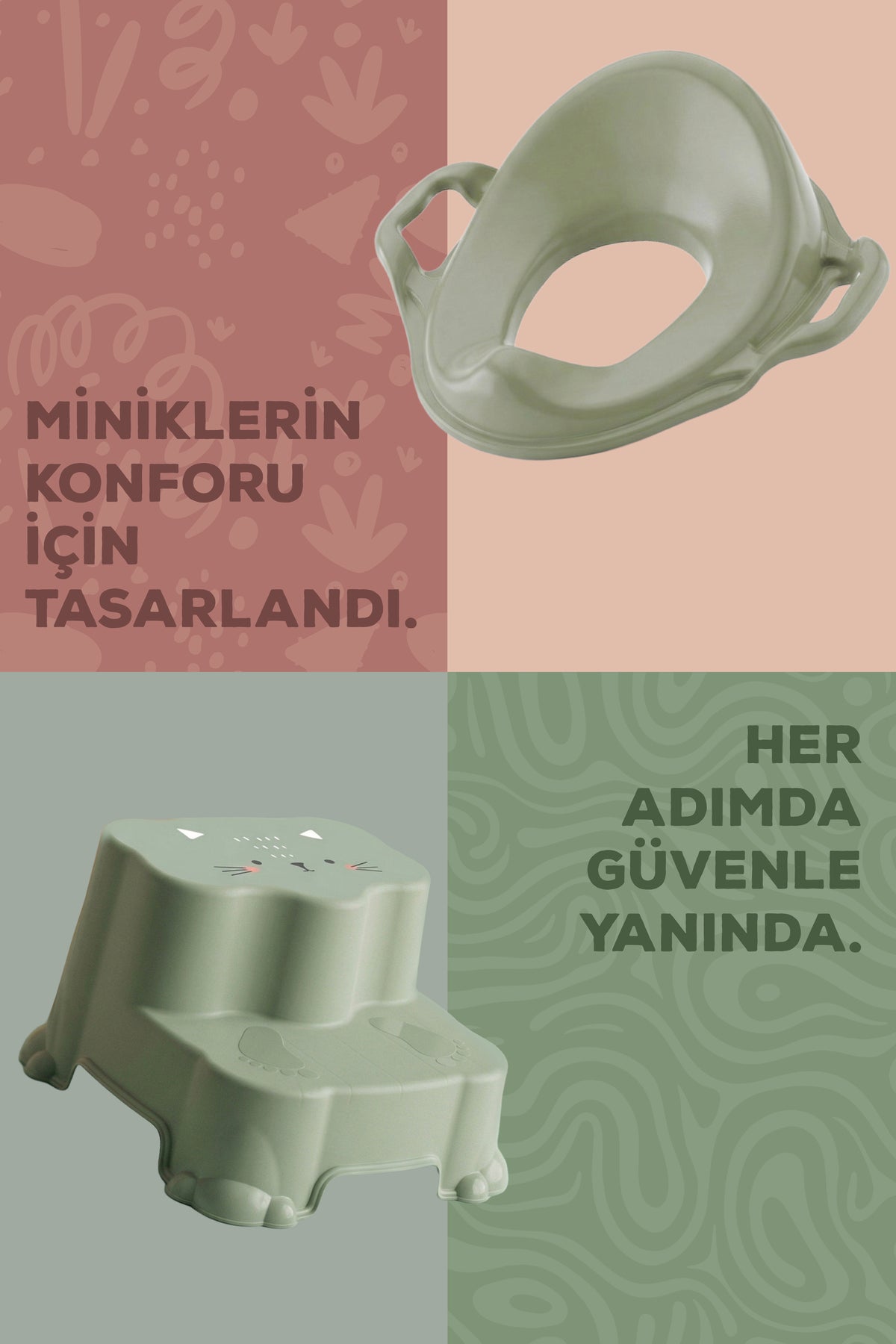 Çocuk Tuvalet Alıştırma Seti - Kaydırmaz 2 Katlı Basamak ve Kulplu Klozet Adaptörü-Yeşil