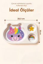 3 Bölmeli Hayvan Desenli Melamin Çocuk Tabağı-Ekstra Dayanıklı BPA Free Beslenme Tabağı- Unicorn