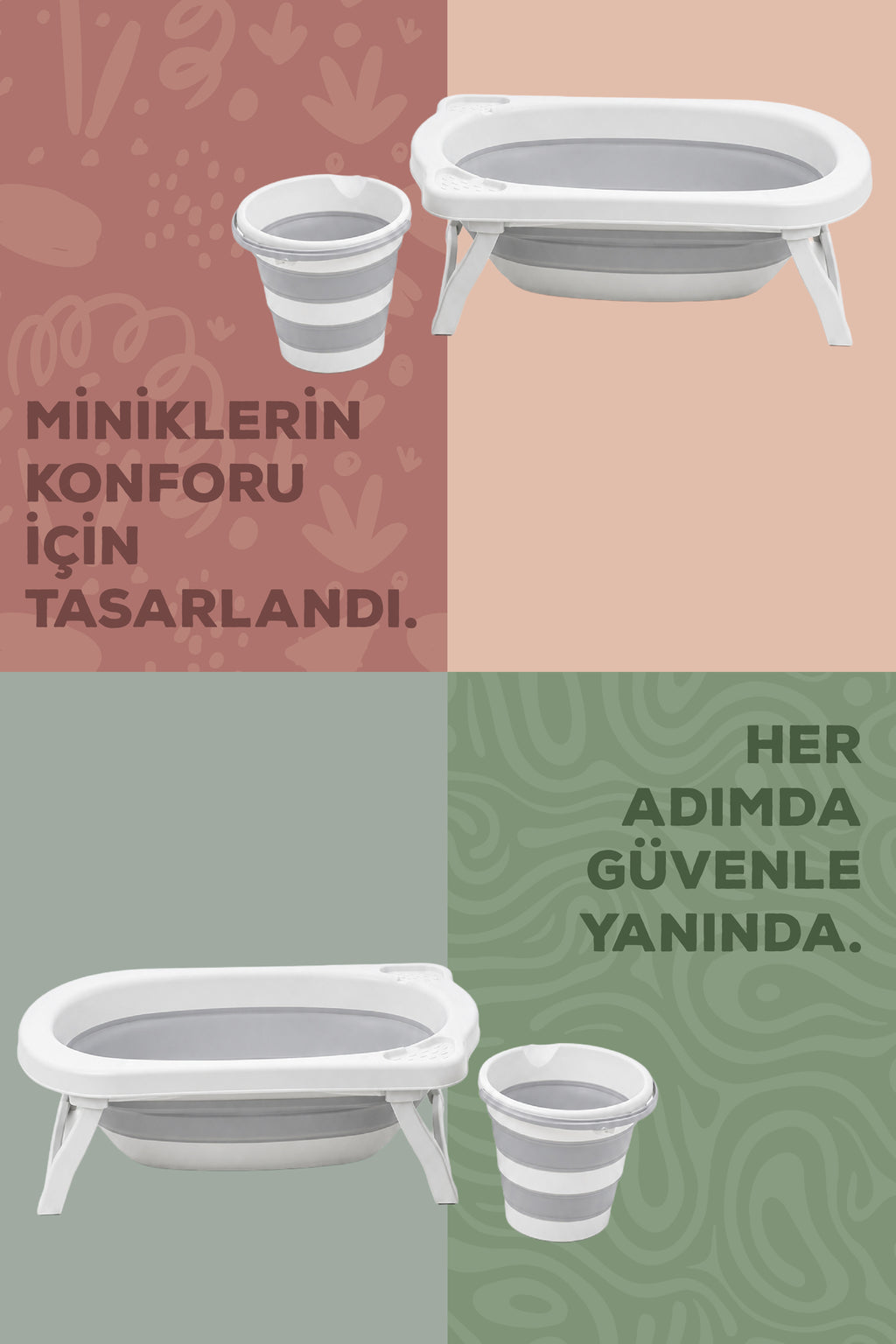 2'li Katlanır Bebek Banyo Seti - Katlanır Bebek Küveti,Kova Seti -2 Sünger Hediyeli-Gri