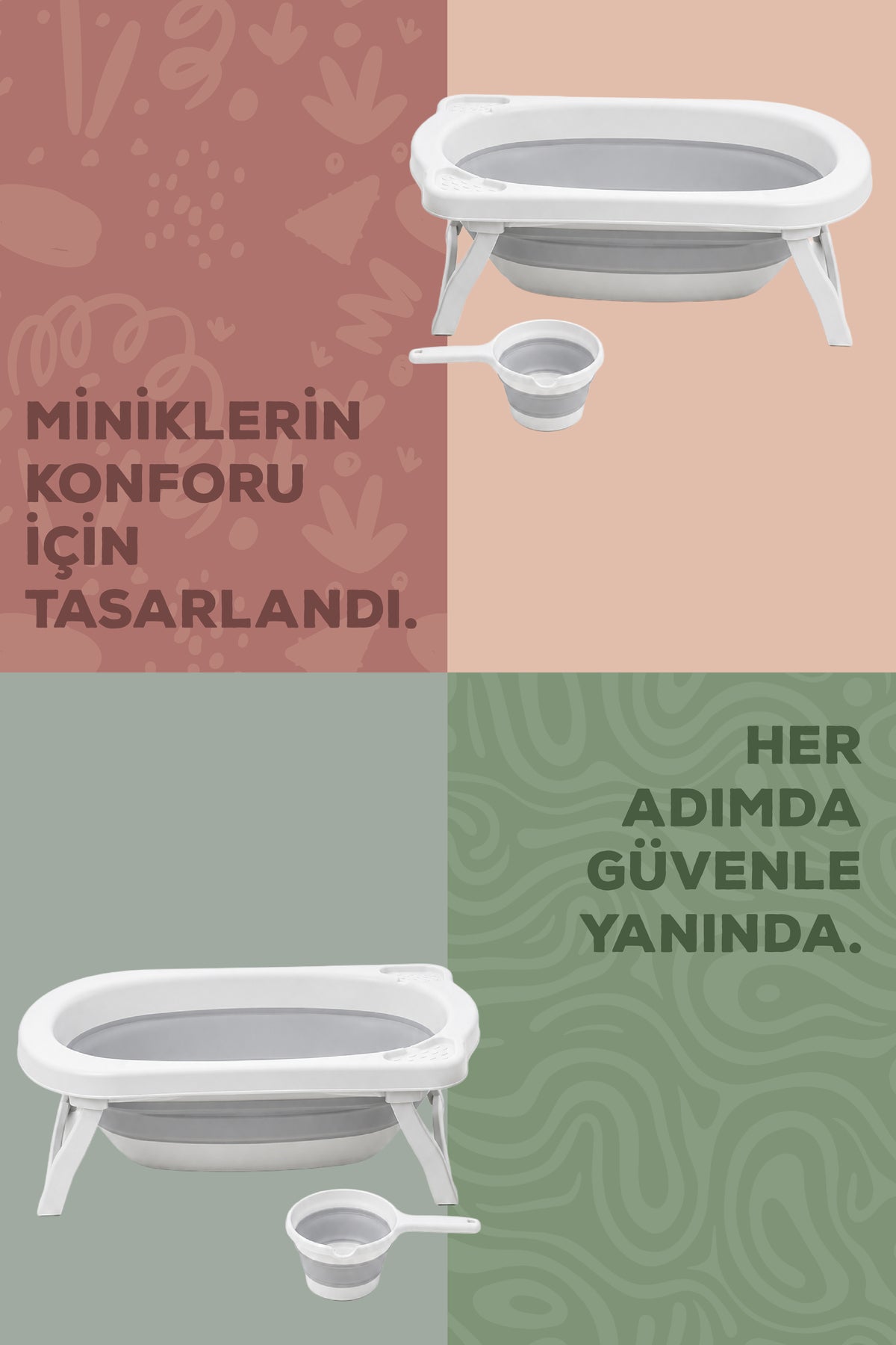 2'li Katlanır Bebek Banyo Seti - Katlanır Bebek Küveti, Maşrapa Seti,-2 Sünger Hediyeli-Gri