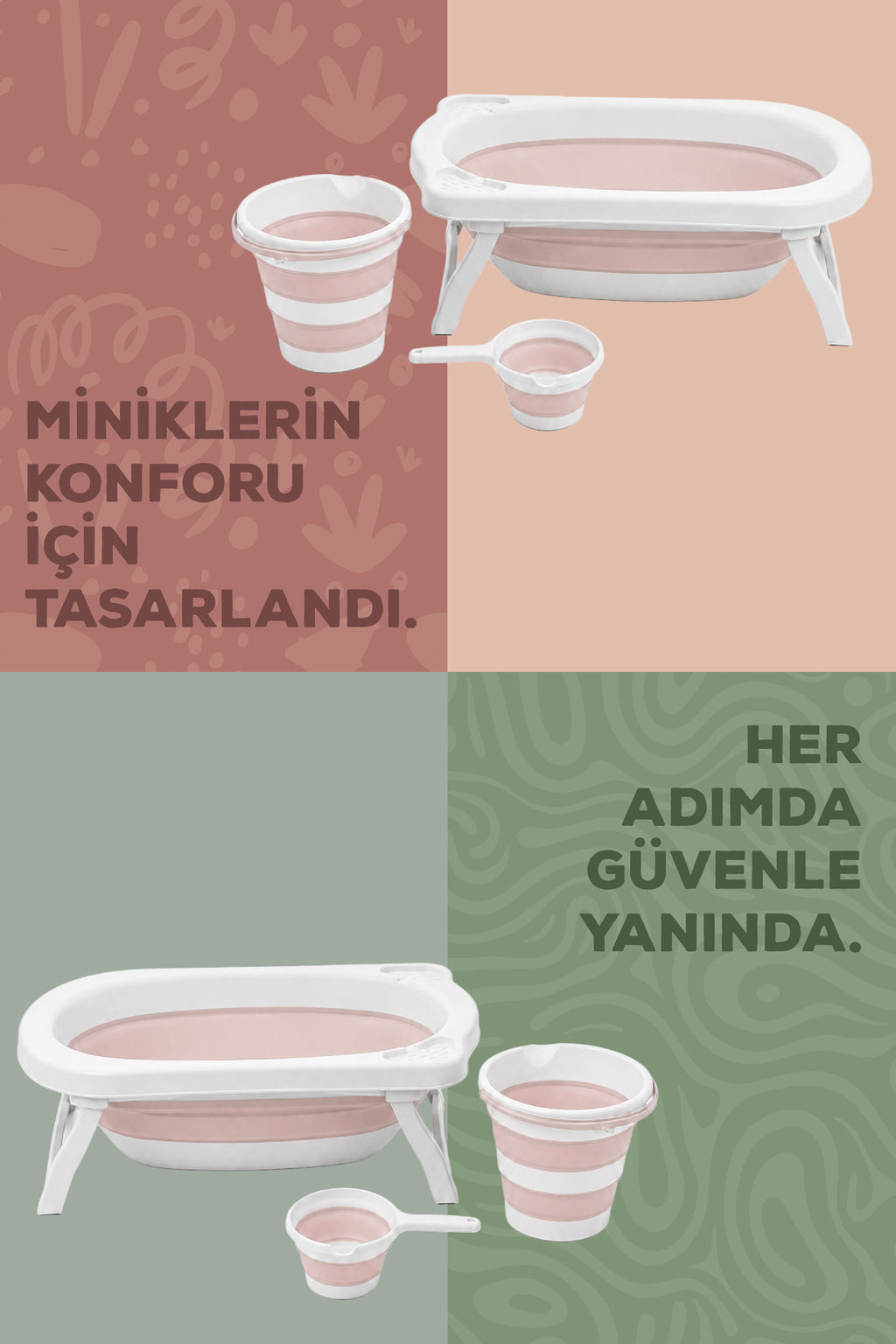 4'lü Katlanır Bebek Banyo Seti - Katlanır Bebek Küveti, Maşrapa,Kova Seti File Hediyeli-Pembe