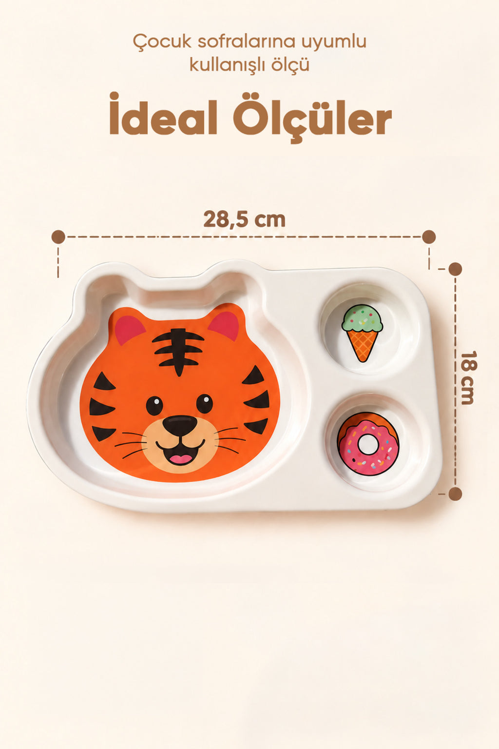 3 Bölmeli Hayvan Desenli Melamin Çocuk Tabağı-Ekstra Dayanıklı BPA Free Beslenme Tabağı- Kaplan