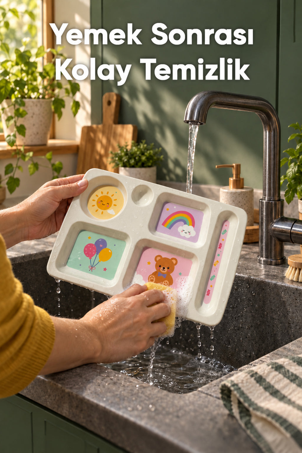 6 Bölmeli Melamin Çocuk Tabağı-Mama Tabağı-Ekstra Dayanıklı BPA Free Beslenme Tabağı- Güneş