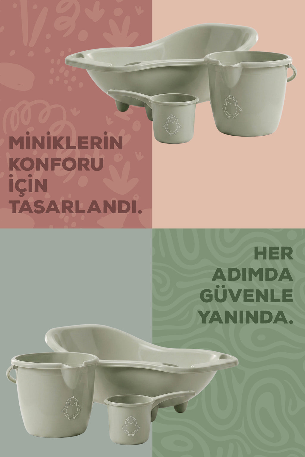 3'lü Set Fileli Yenidoğan Küvet Seti Yeşil