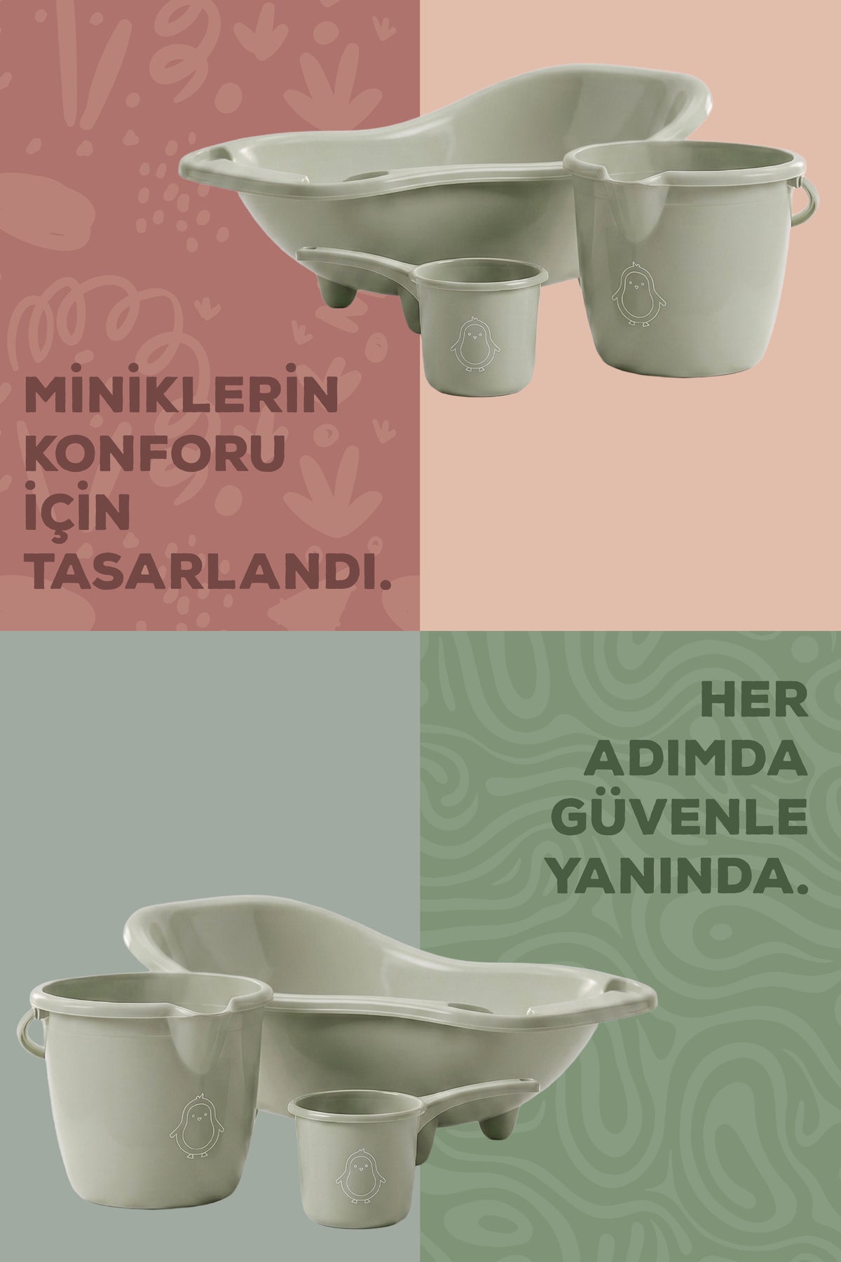 3'lü Set Fileli Yenidoğan Küvet Seti Yeşil