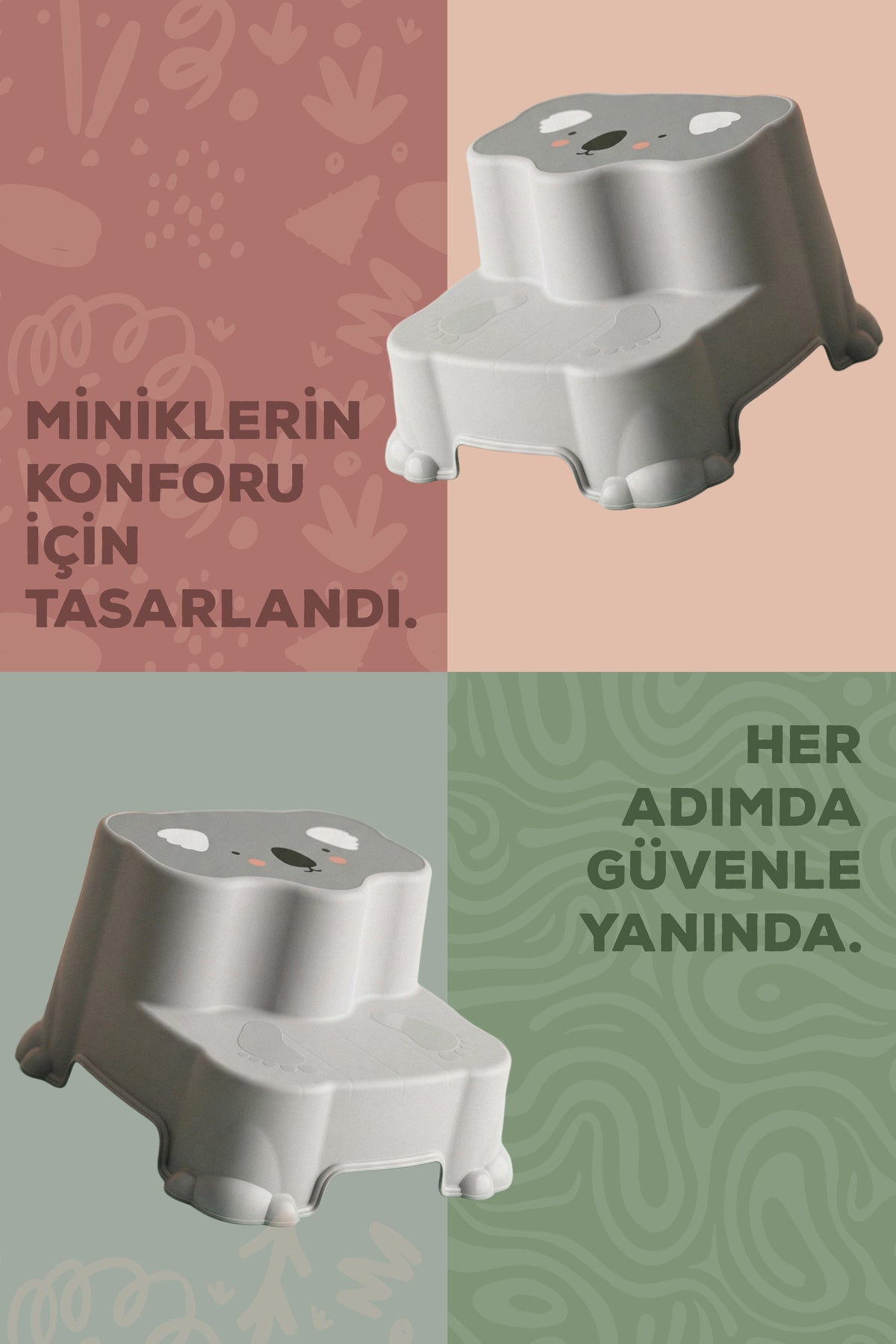 Kaydırmaz Çocuk Basamağı - Çift Katlı Banyo Merdiven Yükseltici Bebek Basamağı -Gri wumboo-color-gri