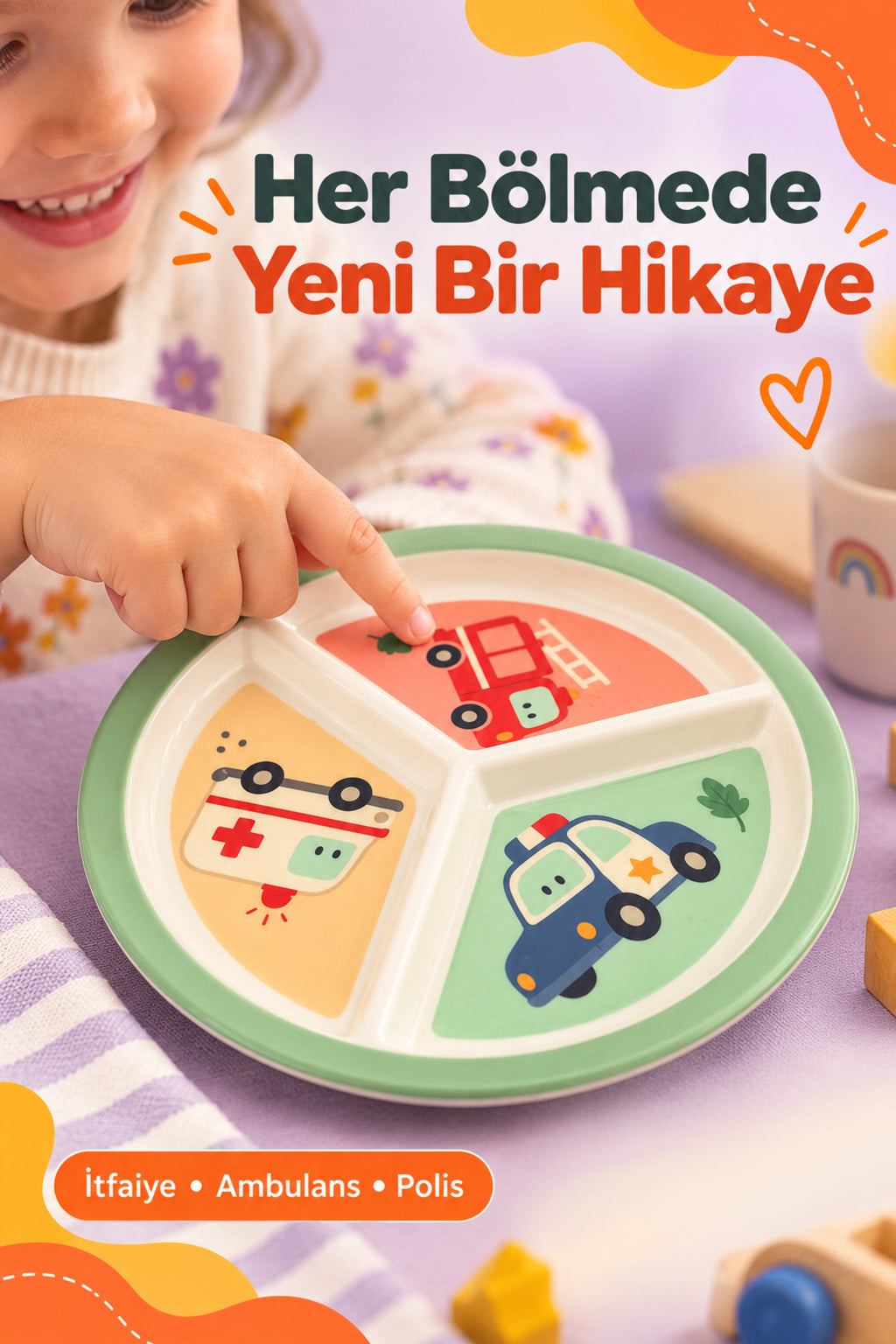 3 Bölmeli Melamin Çocuk Tabağı-Mama Tabağı-Ekstra Dayanıklı BPA Free Beslenme Tabağı- Araba