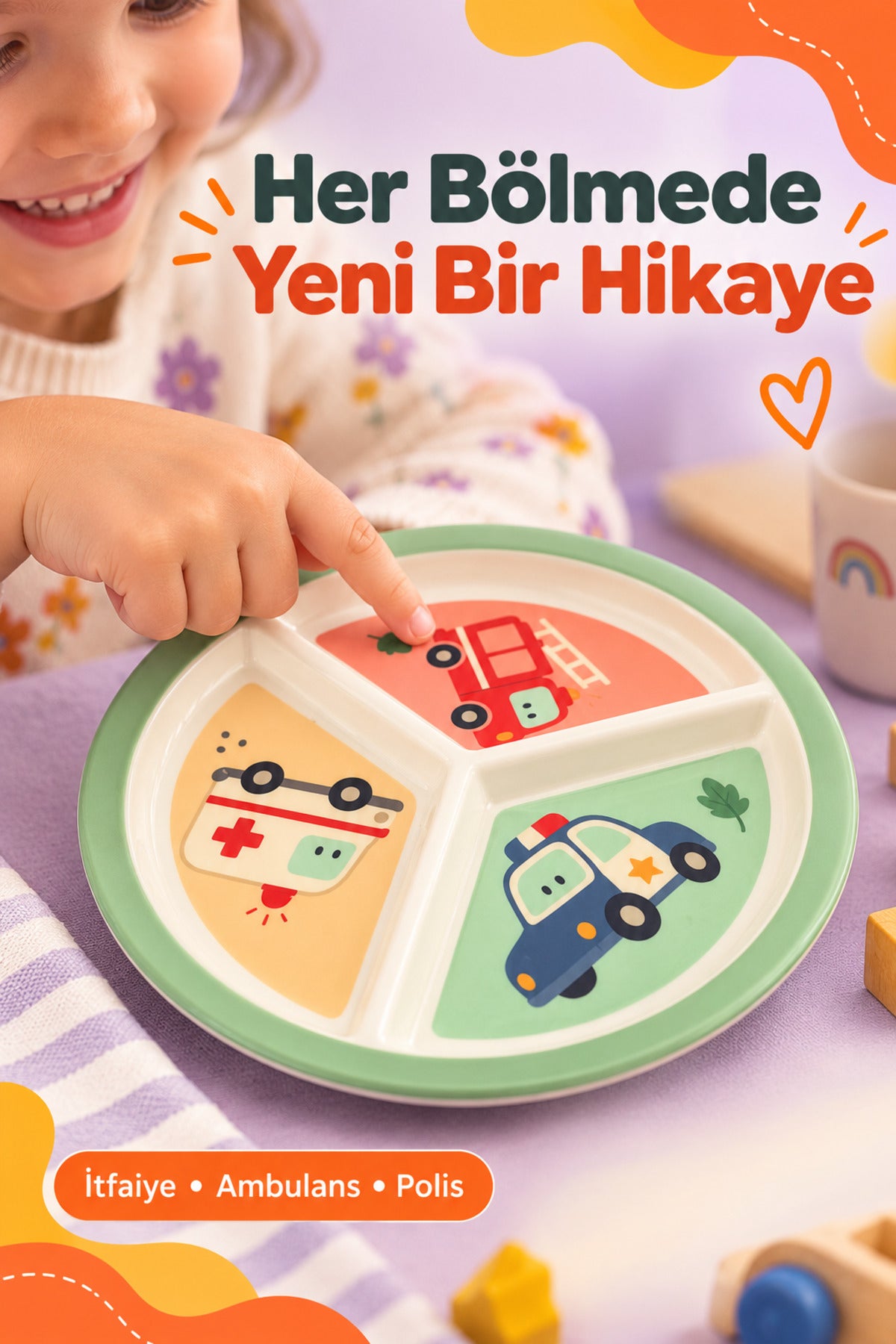 3 Bölmeli Melamin Çocuk Tabağı-Mama Tabağı-Ekstra Dayanıklı BPA Free Beslenme Tabağı- Araba