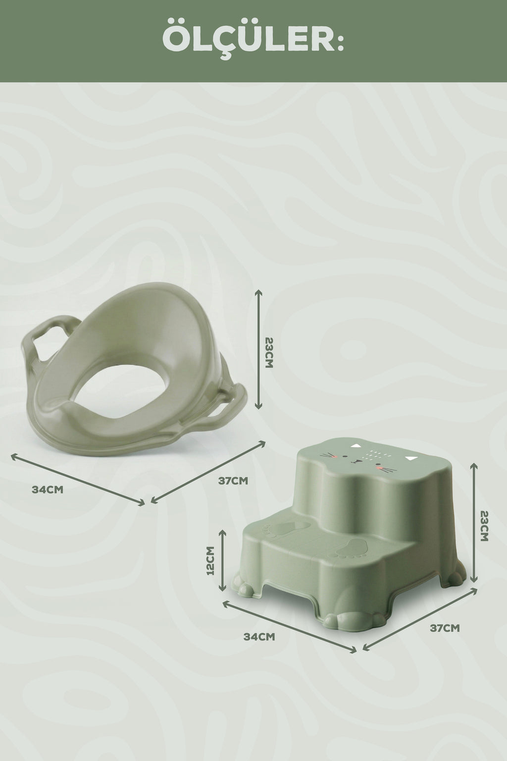Çocuk Tuvalet Alıştırma Seti - Kaydırmaz 2 Katlı Basamak ve Kulplu Klozet Adaptörü-Yeşil