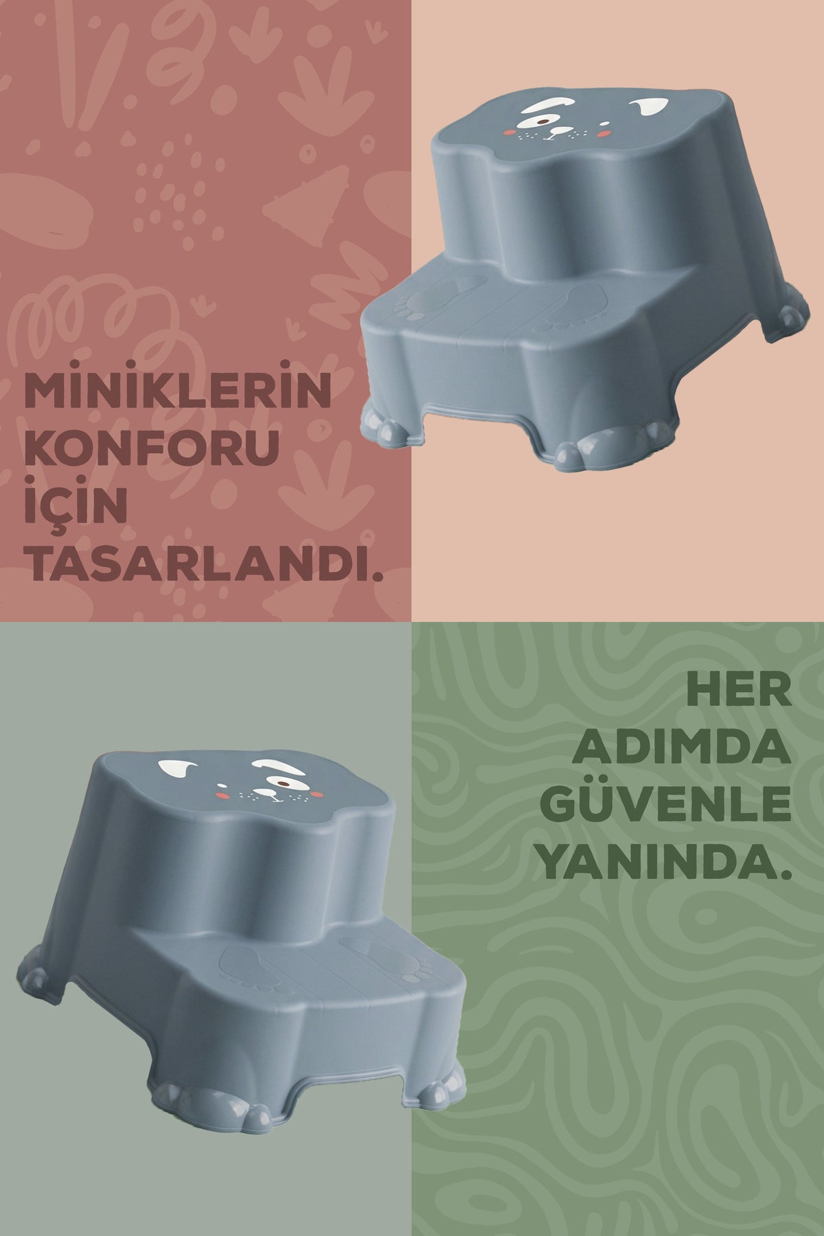 Kaydırmaz Çocuk Basamağı - Çift Katlı Banyo Merdiven Yükseltici Bebek Basamağı -Mavi