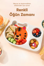 3 Bölmeli Hayvan Desenli Melamin Çocuk Tabağı-Ekstra Dayanıklı BPA Free Beslenme Tabağı- Kaplan