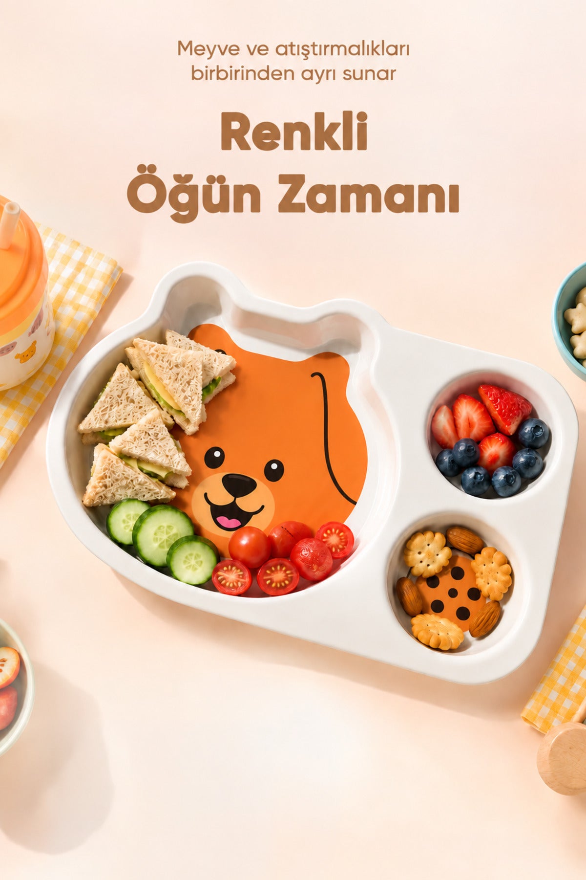 3 Bölmeli Hayvan Desenli Melamin Çocuk Tabağı-Ekstra Dayanıklı BPA Free Beslenme Tabağı-Köpek