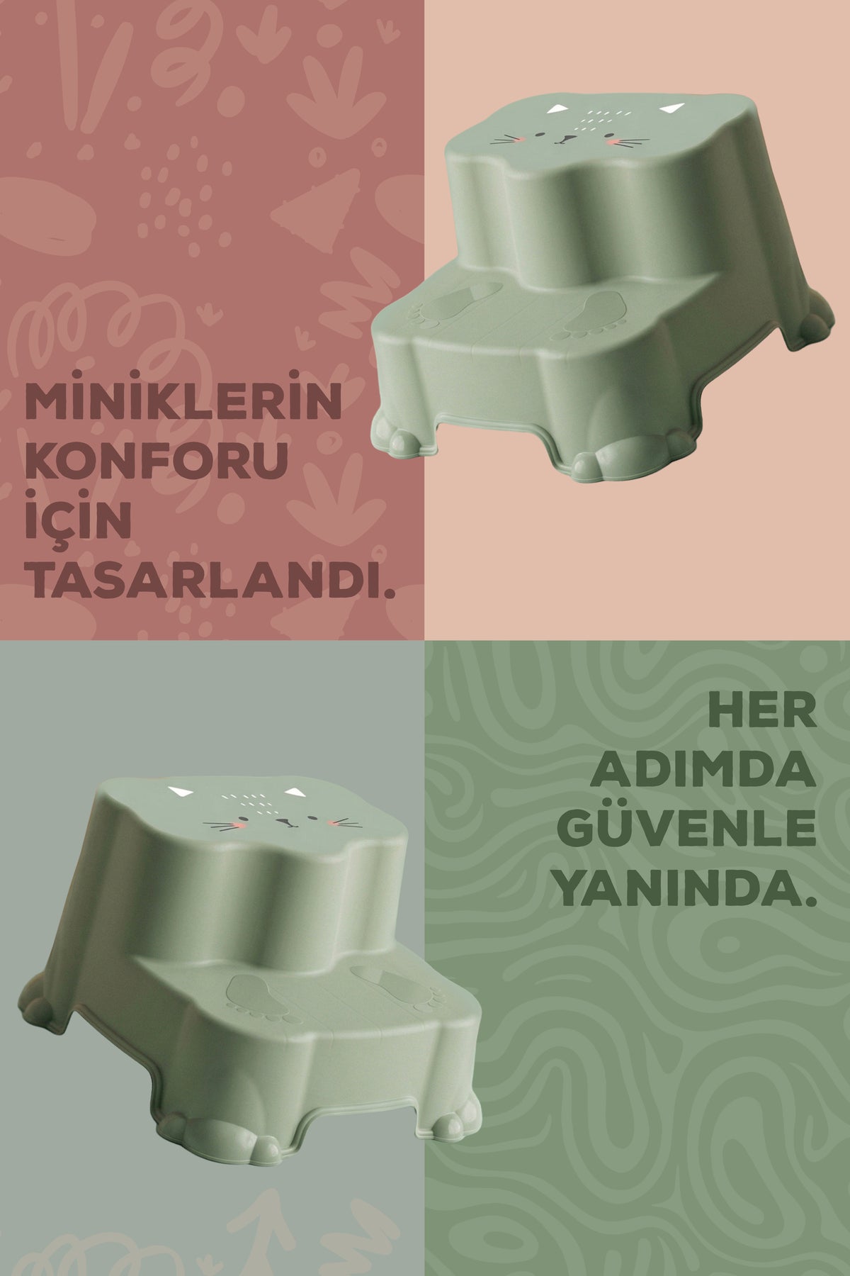 Kaydırmaz Çocuk Basamağı - Çift Katlı Banyo Merdiven Yükseltici Bebek Basamağı -Yeşil