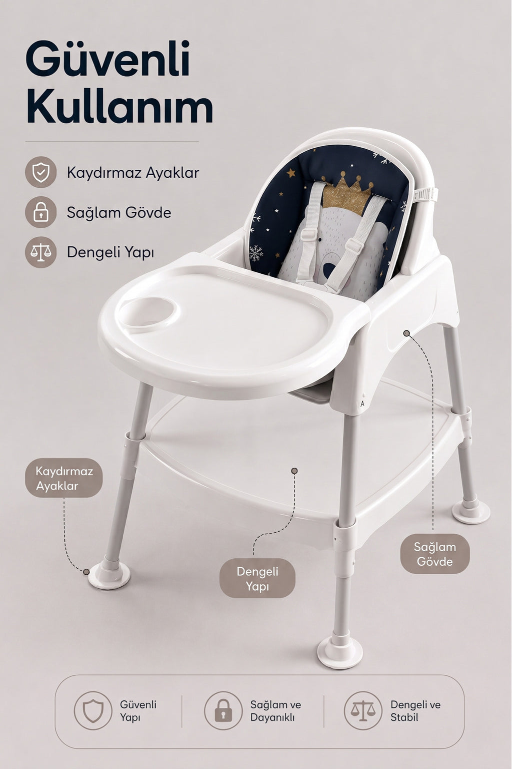 Bebek Mama Oturağı- Çok Fonksiyonlu Bebek Mama Sandalyesi ve Dönüştürülebilir Oyun Masası Seti-Beyaz