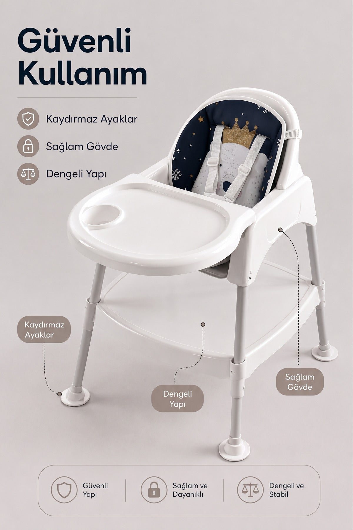 Bebek Mama Oturağı- Çok Fonksiyonlu Bebek Mama Sandalyesi ve Dönüştürülebilir Oyun Masası Seti-Beyaz