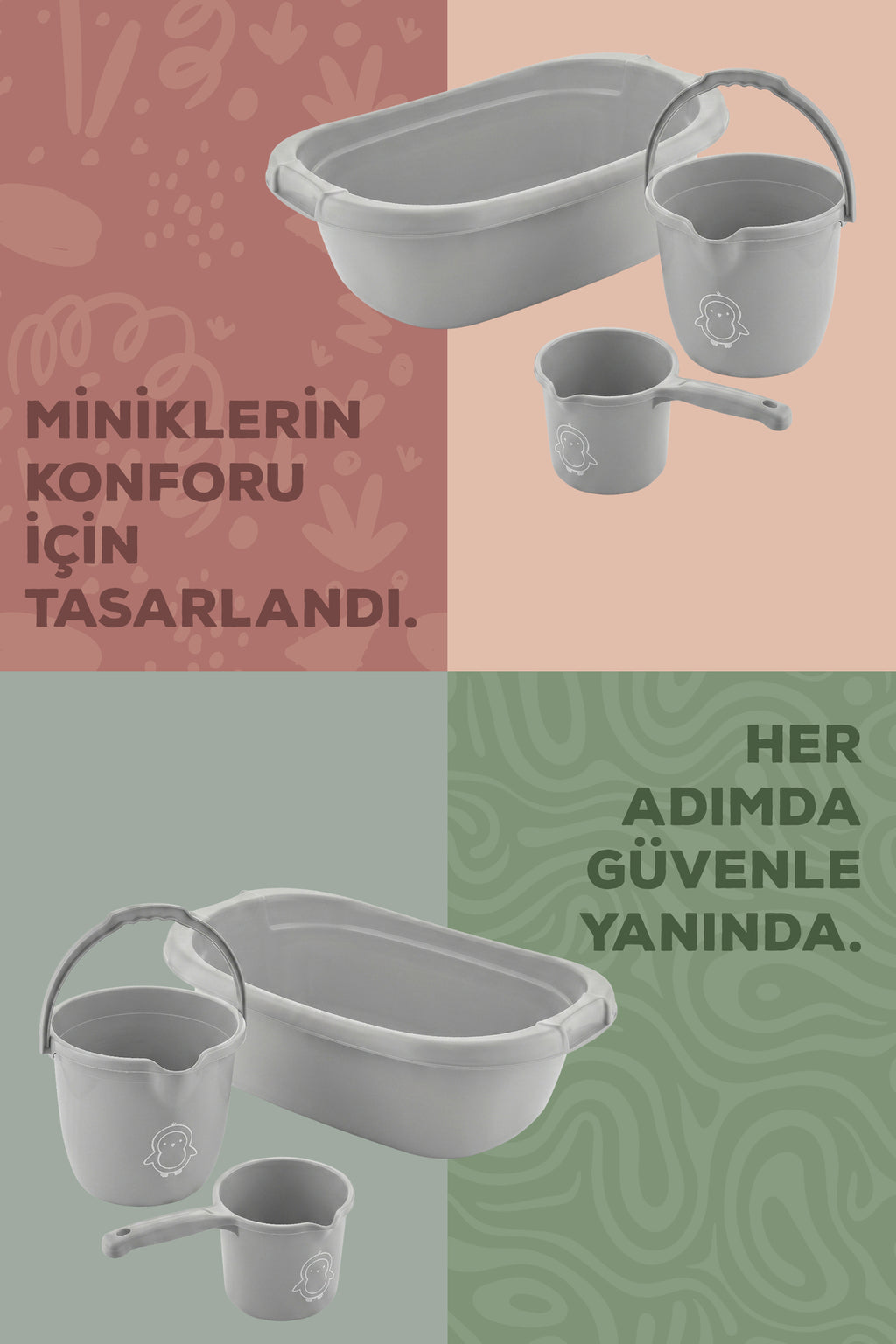 3’lü Bebek Banyo Yıkama Seti - Bebek Yıkama Küveti - Bebek Banyo Su Kovası - Maşrapa - Gri