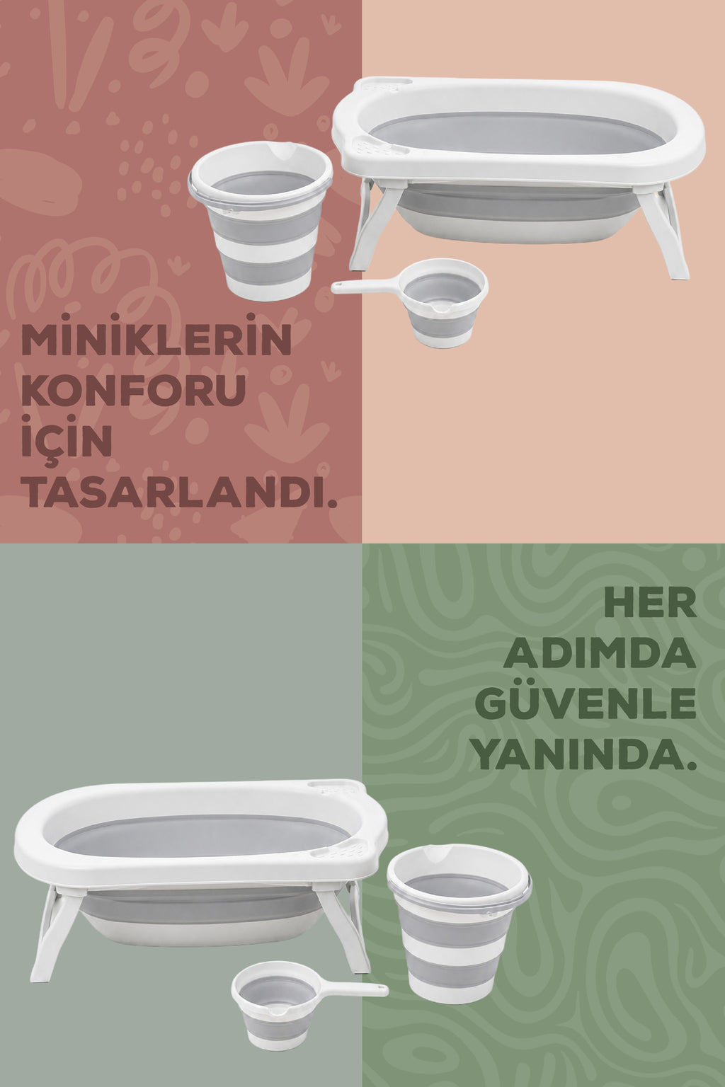 4^lü Katlanır Bebek Banyo Seti -Katlanır Bebek Küveti, Maşrapa,Kova Seti ,File, 2 Sünger Hediye-Gri