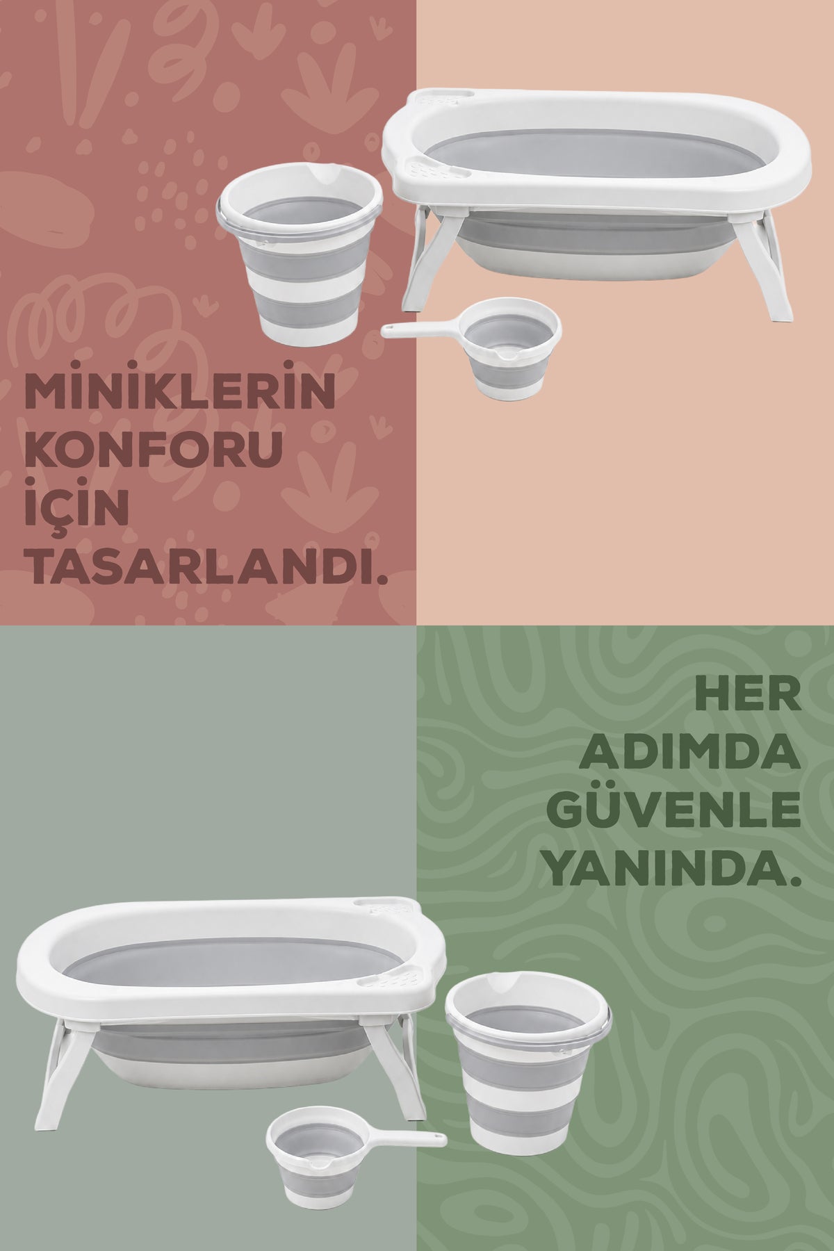 4^lü Katlanır Bebek Banyo Seti -Katlanır Bebek Küveti, Maşrapa,Kova Seti ,File, 2 Sünger Hediye-Gri