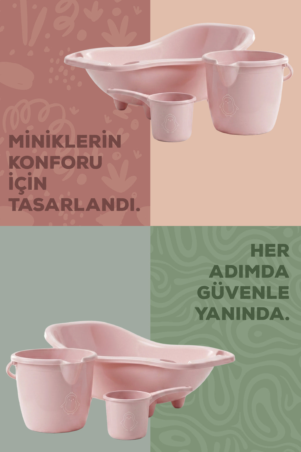 3'lü Set Fileli Yenidoğan Küvet Seti Pembe