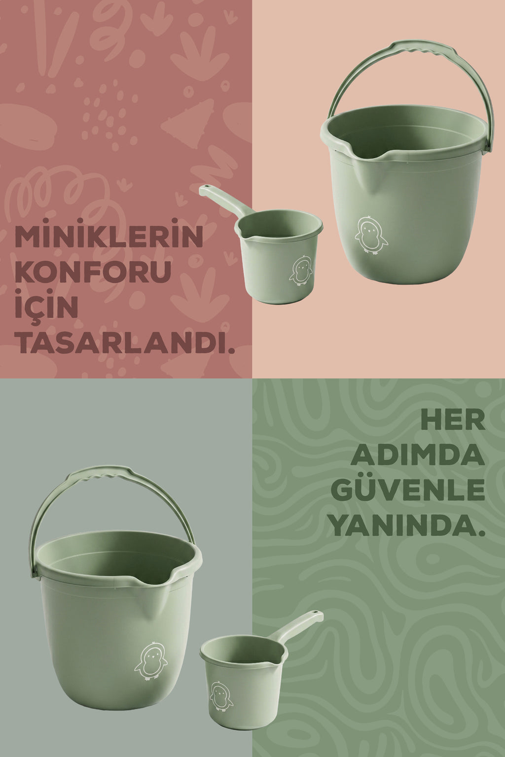 2'li Bebek Banyo Yıkama Seti - Bebek Banyo Su Kovası - Bebek Maşrapa - Yeşil
