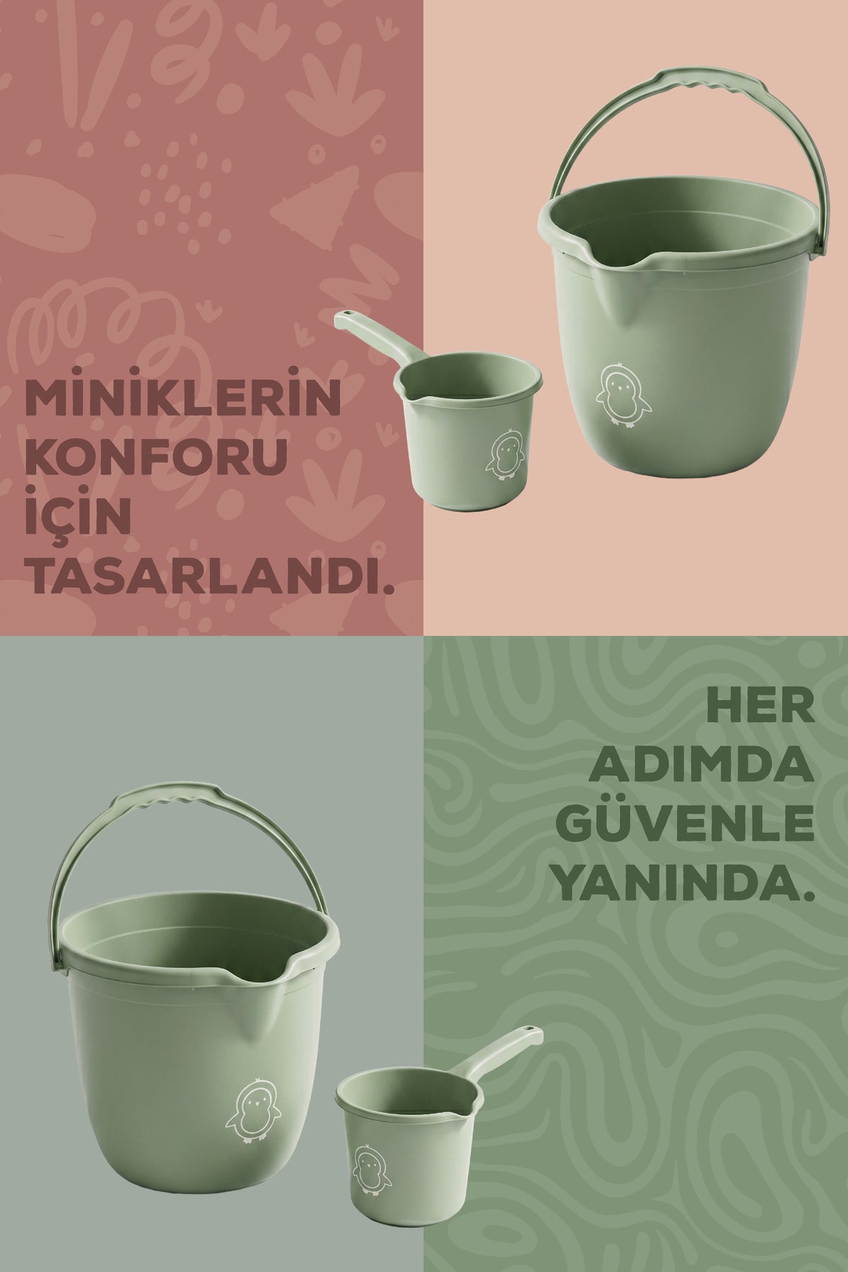 2'li Bebek Banyo Yıkama Seti - Bebek Banyo Su Kovası - Bebek Maşrapa - Yeşil