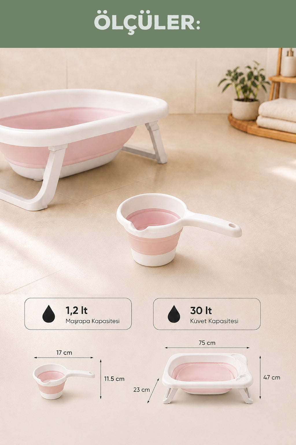 2'li Katlanır Bebek Banyo Seti - Katlanır Bebek Küveti, Maşrapa Setii-Pembe