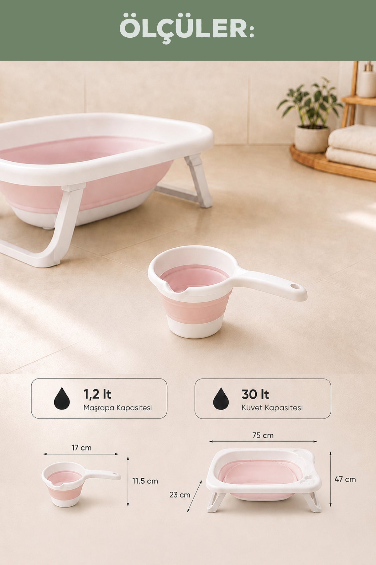 2'li Katlanır Bebek Banyo Seti - Katlanır Bebek Küveti, Maşrapa Setii-Pembe