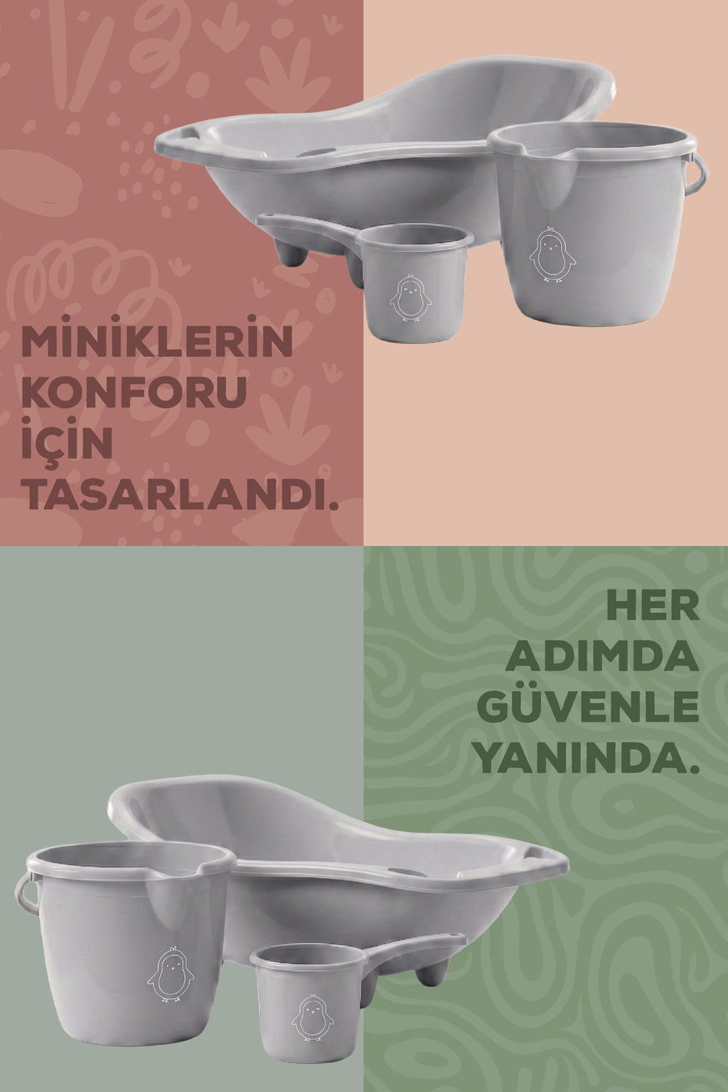 3'lü Set Fileli Yenidoğan Küvet Seti Gri